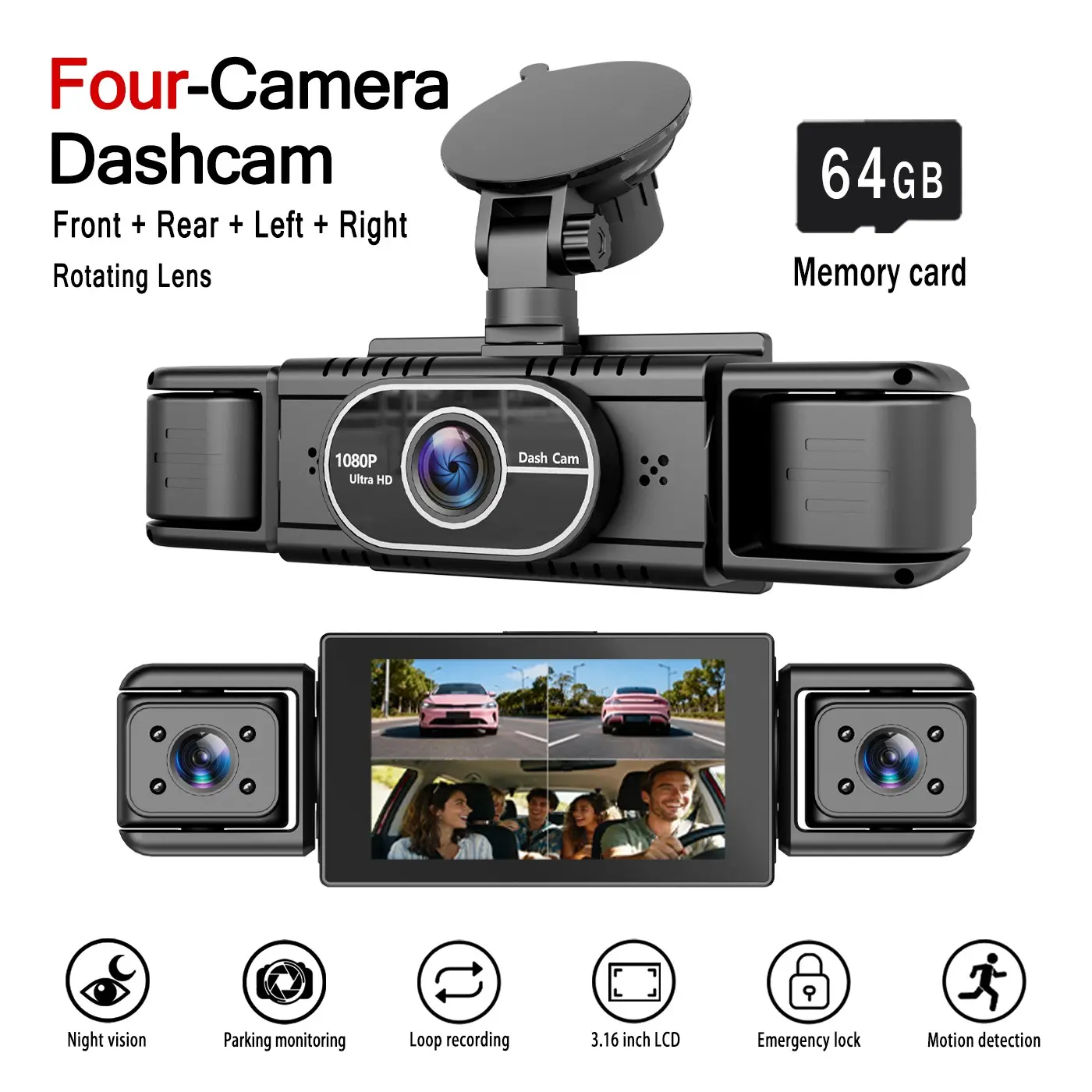 3-Inch IPS Car Dvr Car Dash Cam Automotive Driving Recorder 4 Lens 1080P HD, Night Vision, G Sensor, Loop Recording, Motion Detection, 12V Power, Wide Angle, Compact Design