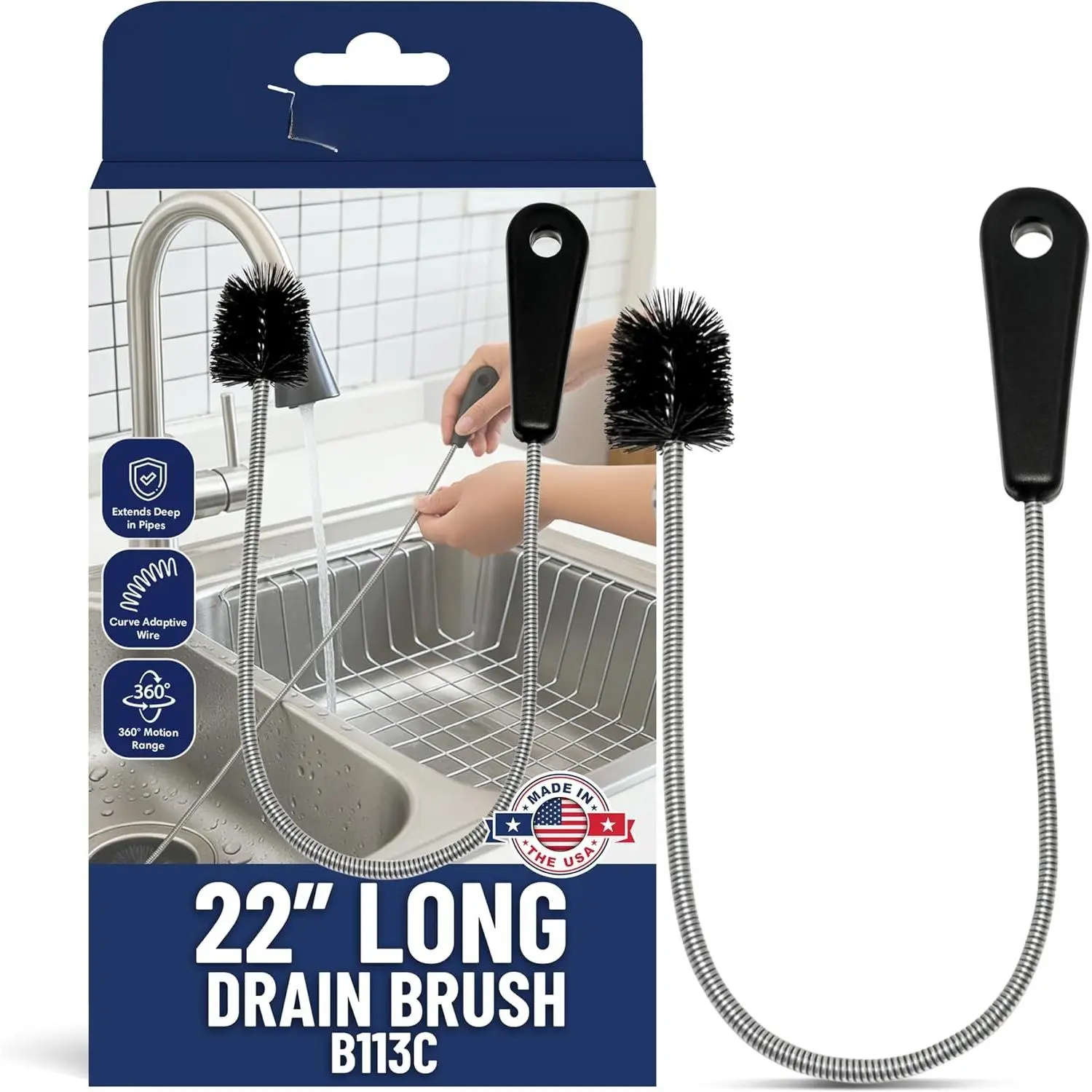 22" Long Sink Drain Brush – Slim Snake Hair Clog Remover Tool for Shower, Tub and Sink - Pipe/Tube Brush for Small Spaces, Drain Cleaning – B113C by  Co.