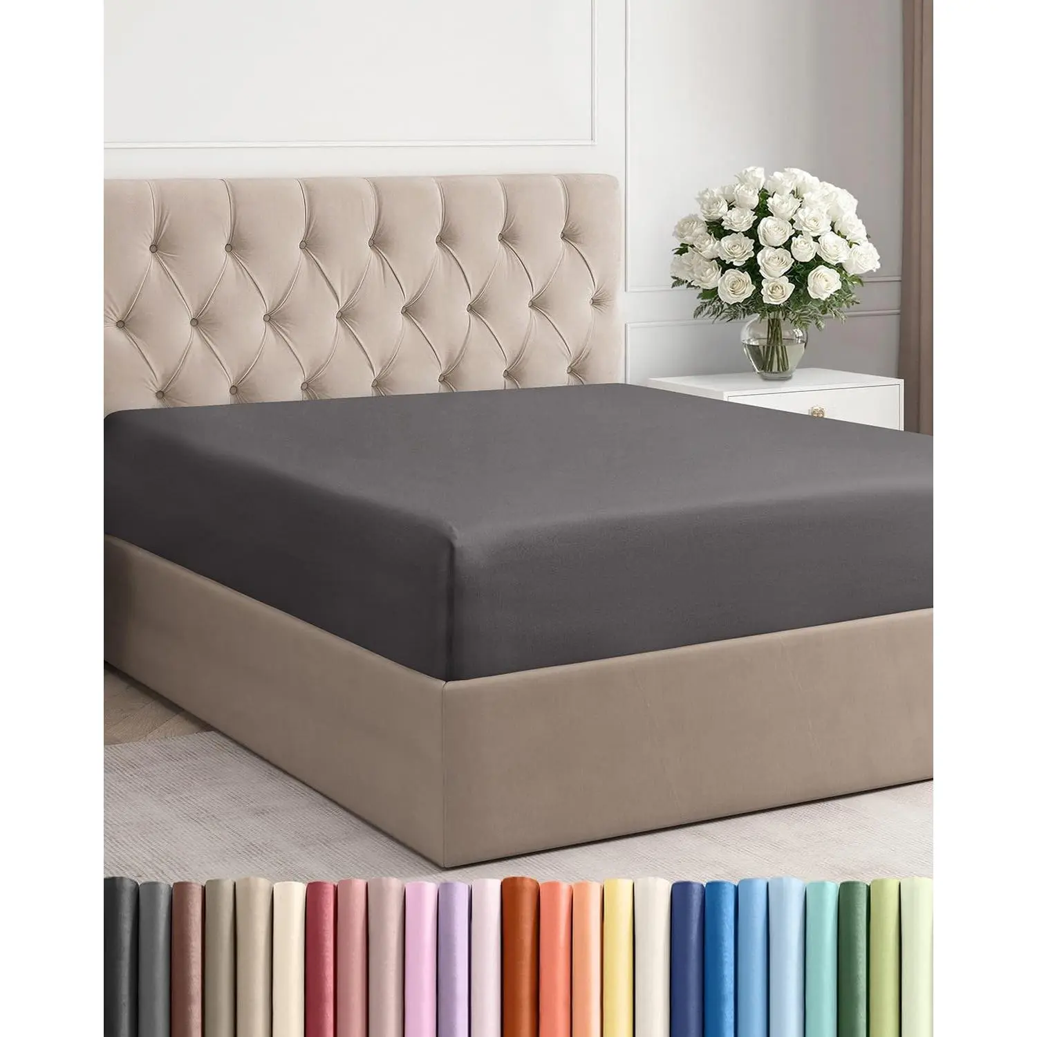 Full Fitted Bed Sheet - Bottom Single Fitted Sheet Only - Ultra-Soft Hotel Luxury Bedding w/ 8-16 Inch Deep Pockets - Breathable, Cooling & Wrinkle Free - Easy-Fit, Fade & Shrink Resistant - Dark Grey