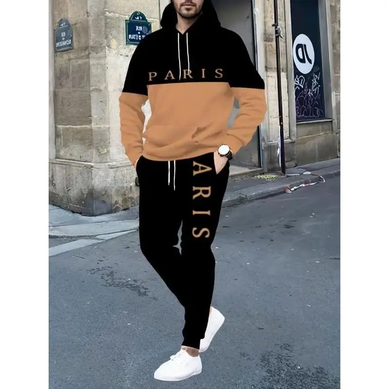 Men's Casual Colorblock Patchwork 3D Printed Sweatshirt and Pants Set, Knit Fabric, Fitted Long Sleeve, Fall & Winter Series