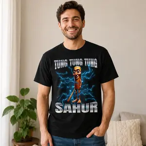 "Tung Tung Tung Sahur" Viral Meme Character Lightning Graphic T-Shirt, Trending Indonesian Ramadan Dank Internet Humor Casual Tee, Funny Wooden Stick Man Aesthetic Top, 100% Cotton 180g Unisex S-3XL