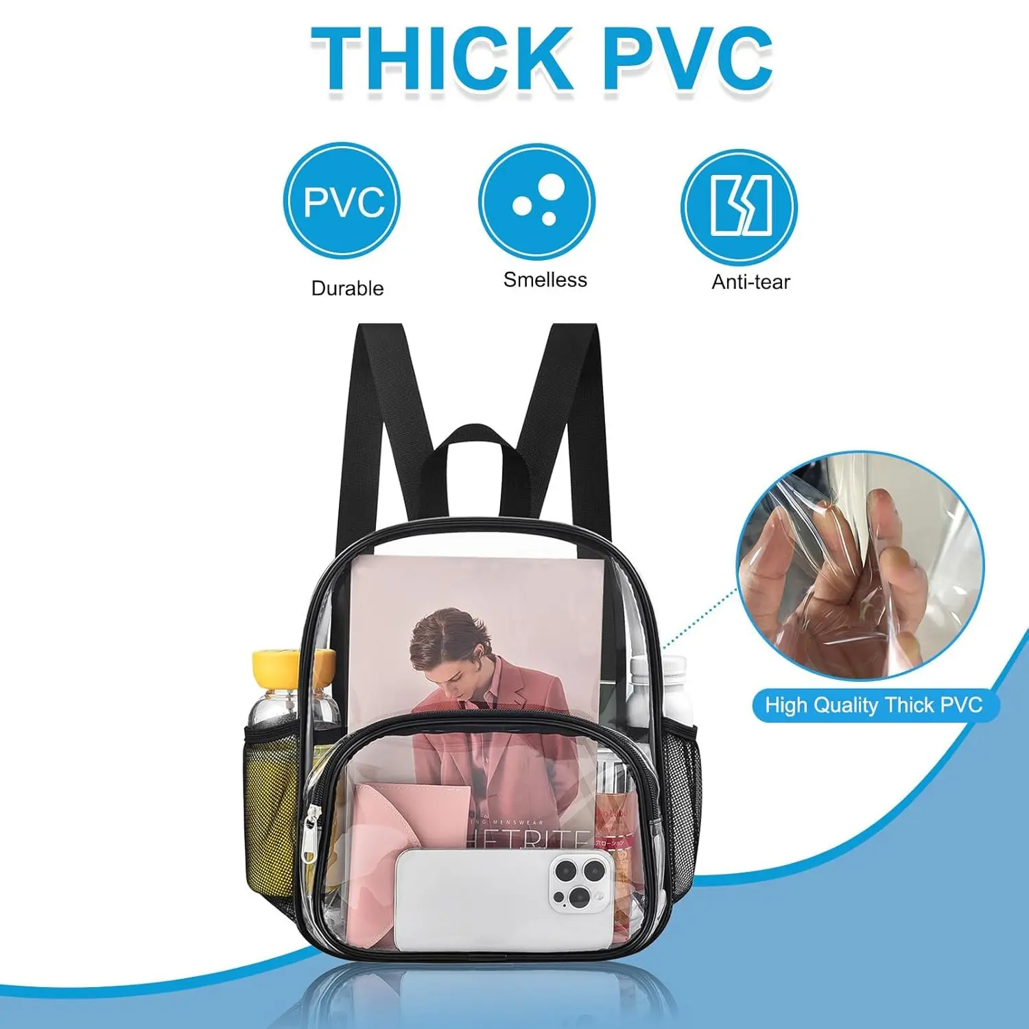 Clear PVC Sports Bag for Stadium Events, 12x12x6 with Front Pocket, Ideal for Concerts, Work, Travel, Women's Fashion Backpack, Fashion Durable Backpack