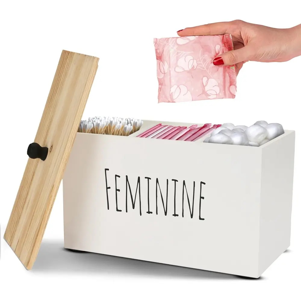 Wooden Tampon Storage Box with Lid, Bathroom Feminine Product Organizer, Rustic Farmhouse Style Pad Holder, Neatly Store Sanitary Supplies, Practical Decorative Bathroom Accessory for Women’s Restroom Daily Use