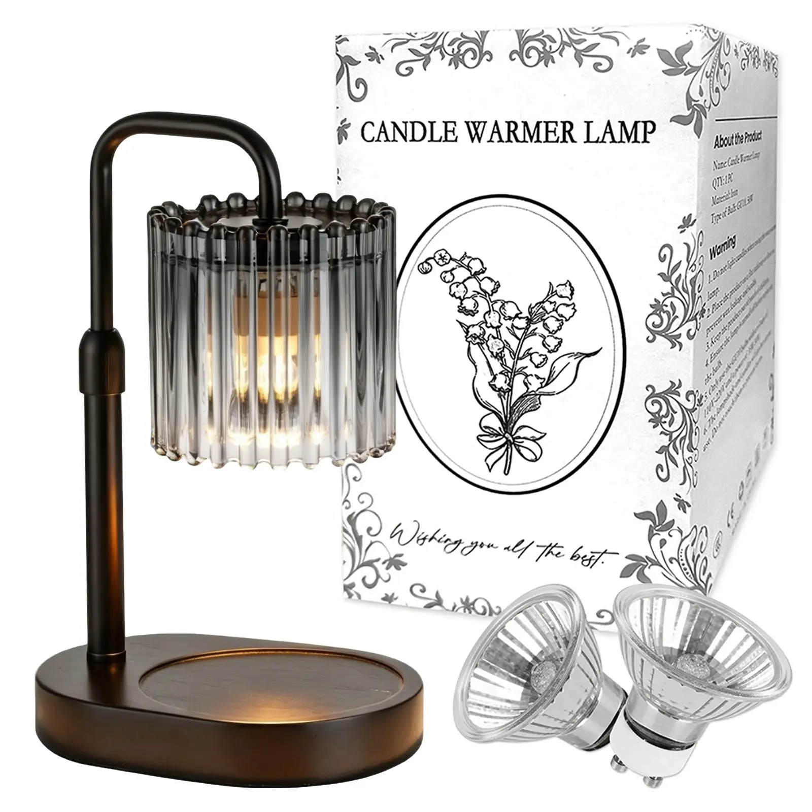 Liftable Universal Curved Tube Candle Warmer Transparent Carved Glass Shade Anti Slip Wood Tray Base Dual Spare Halogen Bulbs Living Bedroom Ambient Melting Lamp cool gift