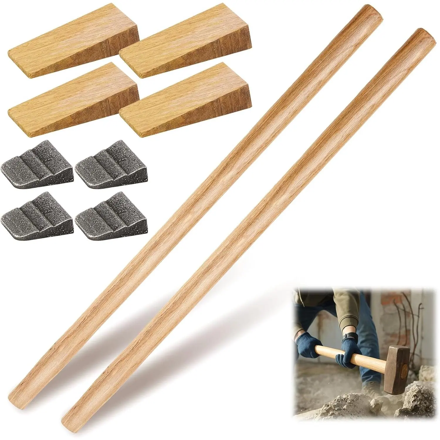 2 Sets 36" Replacement Hammer Handle Kit Includes 2 Sledge Hammer Handle Replacement, 4 Wood Wedges and 4 Steel Wedges for Decking Framing Carpentry Construction DIY Sledge Axe Tool