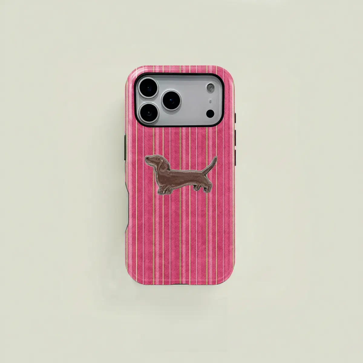 Cute Pink Striped Cartoon Dachshund 2-in-1 Double Layer Sturdy Shockproof Phone Case, Simple Stylish Trendy Protective Cover Compatible with iPhone 11-17  & Samsung Galaxy S21-S26