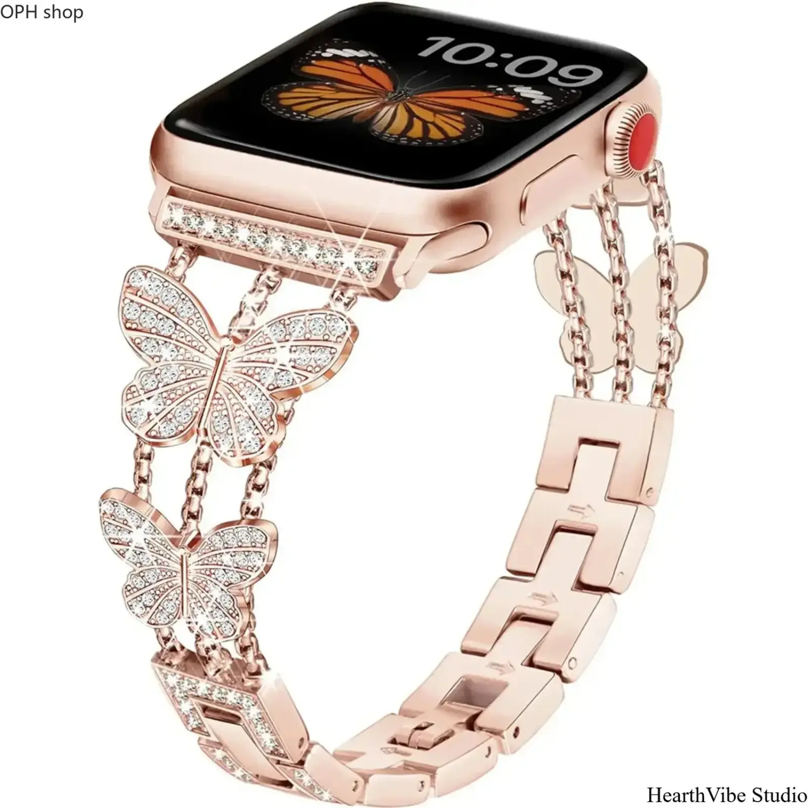 Women’s Bling Butterfly Metal Rhinestone Watch Band - Adjustable Luxury Jewelry Replacement Wristband for Apple Watch 38-49mm Series 5,6,7,8,9,SE - Ideal for Daily Wear, Party Gifting