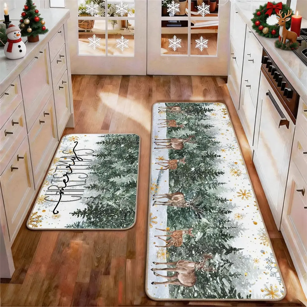 2 Pcs Christmas Kitchen Rug Mat Elk Tree Santa Clause Snowflake Red Black Floor Mat Set Farmhouse Kitchen Rug Non Slip Restaurant Floor Dining Room Laundry Room Decor Carpet Mat Winter Decor Home Decor Rug