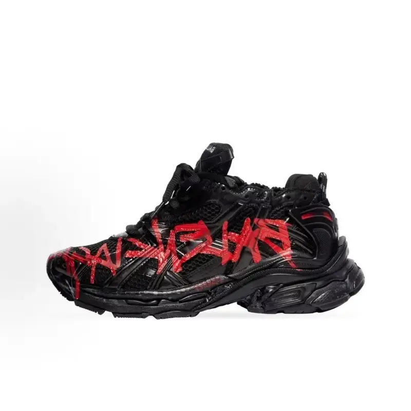 Unisex Chunky Dad Sneakers, Graffiti Print, Breathable Mesh Upper, Lace-Up Distressed Retro Street Style Casual Footwear for Daily Wear