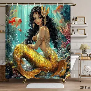 1pc Fantasy Mermaid Shower Curtain - Enchanting Underwater Scene with Elegant Mermaid, Glittering Jewelry, Flowing Tail, Coral & Fish Design - Durable Polyester Fabric, 70.8x70.8 Inches, 12 Plastic Hooks Included, Machine Washable, Washroom Decor