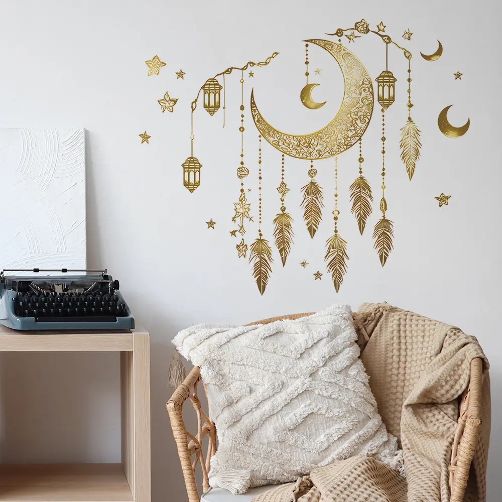 1 piece of Middle Eastern element crescent feather pendant lamp decorative wall sticker for bedroom, living room, study, wall sticker PVC material - suitable for warm room decoration in bedrooms, living rooms and other places - Ramadan decoration sticker