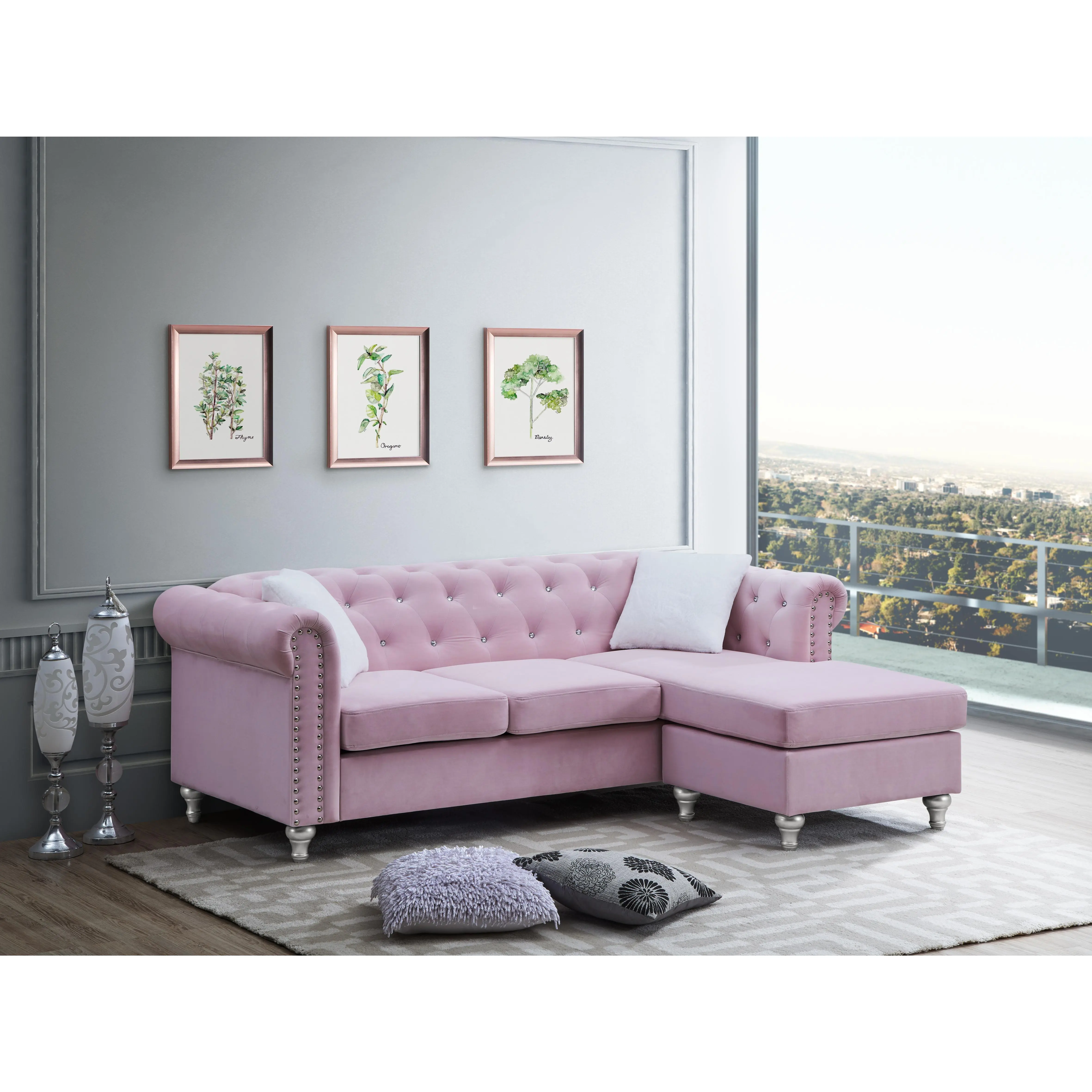 Nokaa Raisa 3-Seat Velvet Sofa Chaise with Tufted Design and Throw Pillows, Pink Living Room Couch for Apartment or Home Office, Multiple Options