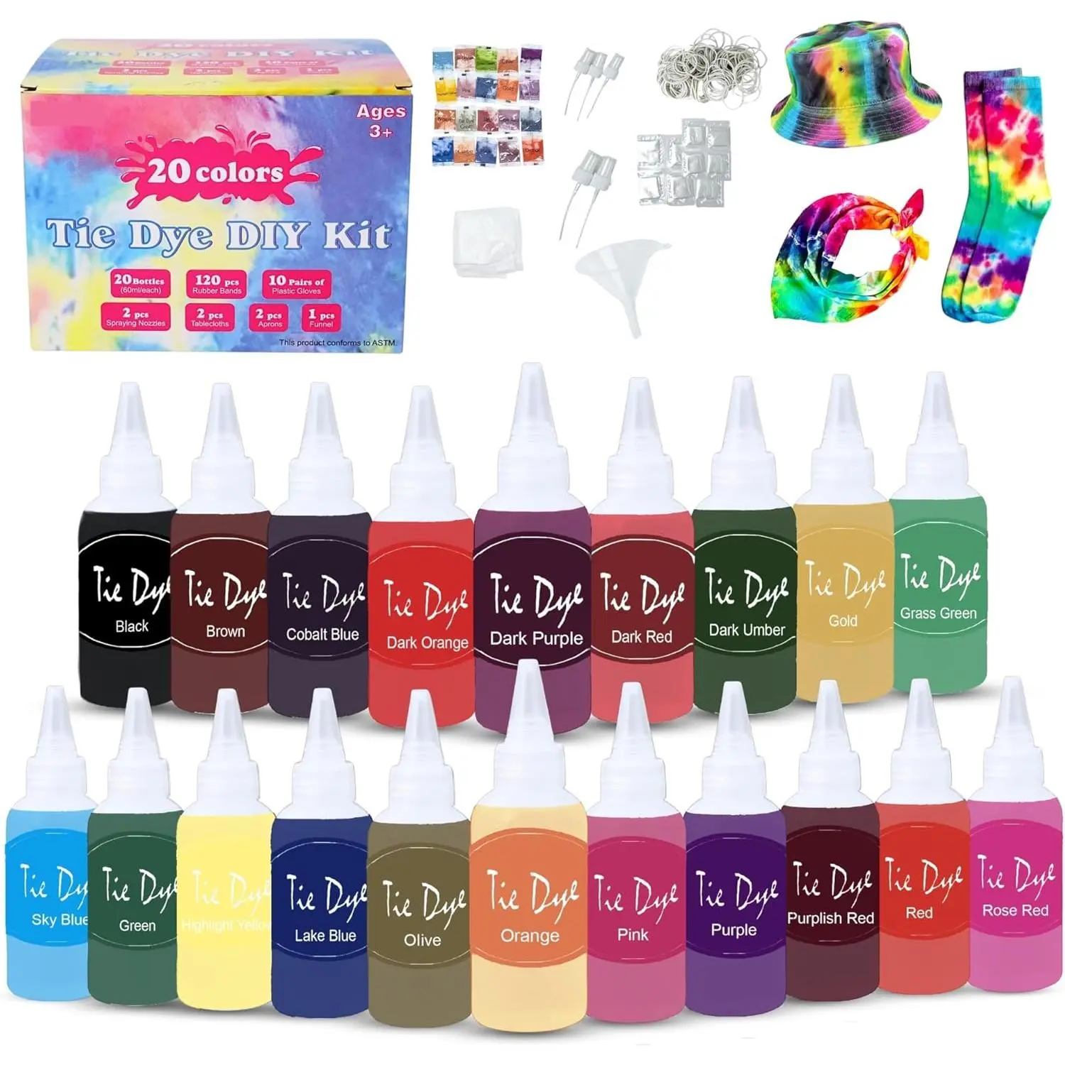 Tie Dye Kit for Kids & Adults, DIY Coloring Fabric Dye Party Kit for Clothing with Nozzle Spray, Including Fabric Paint, Drawstring, Apron, Socks, 20 Pack 60ml