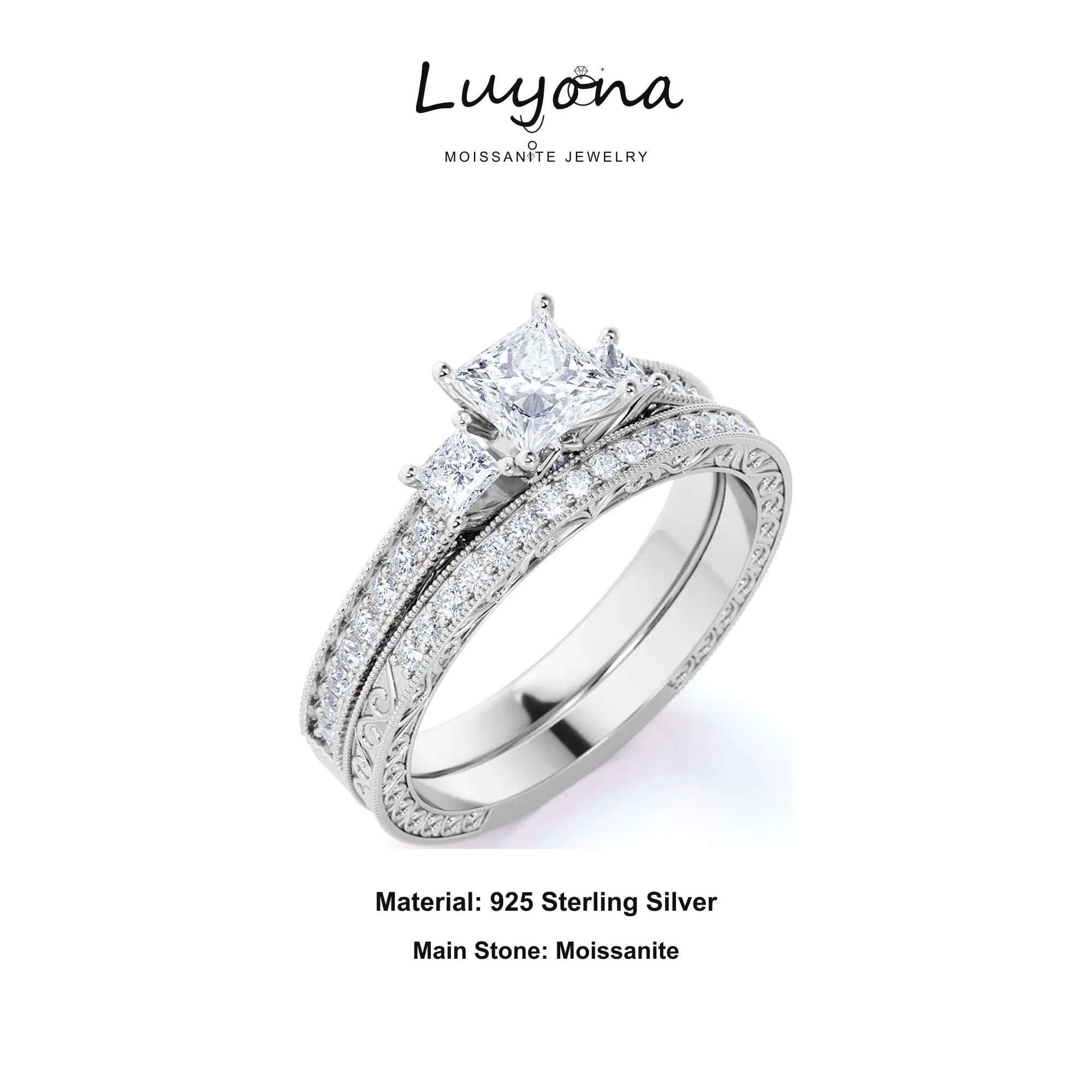 Luyona Women's 925 Sterling Silver Bridal Ring Set - 3 CT D Color VVS2 Princess Cut Minimalist Hearts Arrows Moissanite Engagement Ring