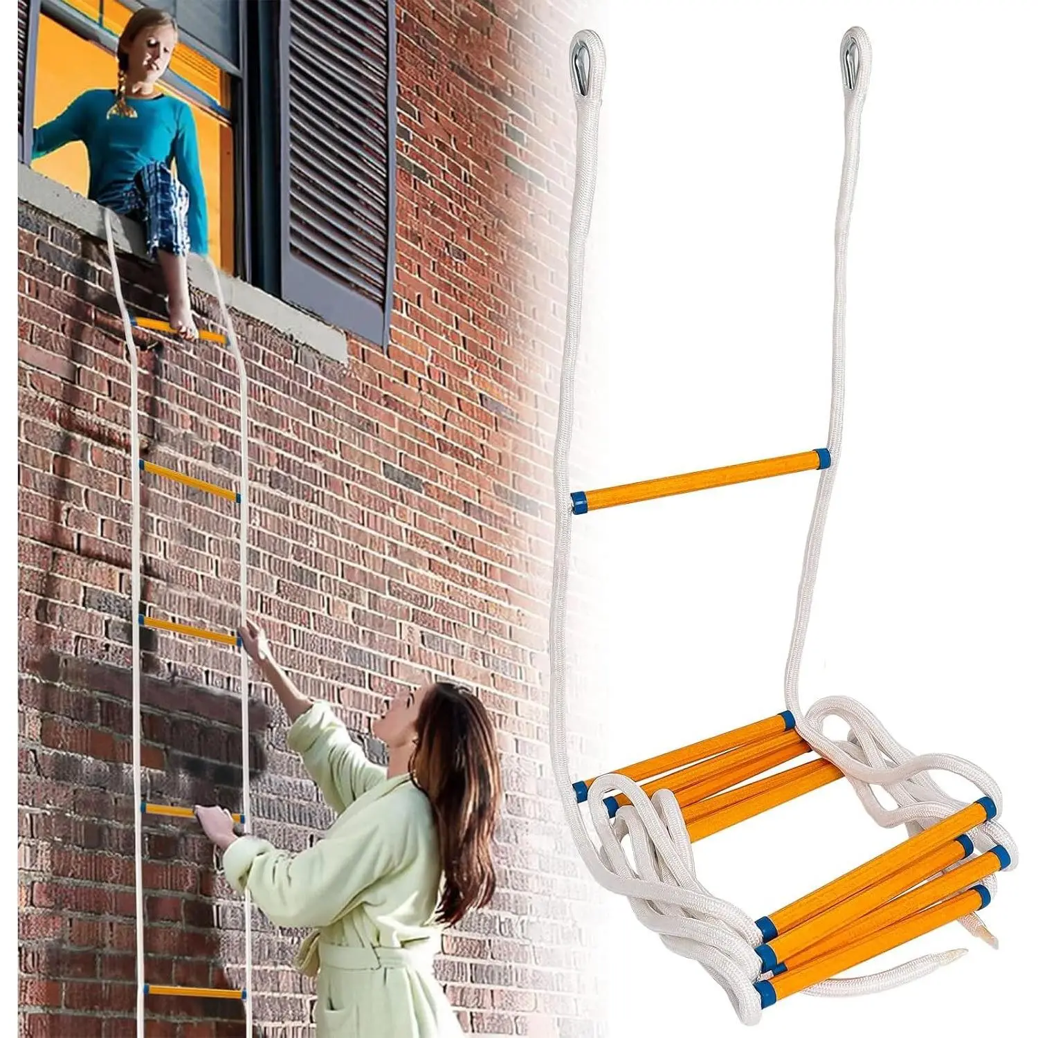 Emergency Fire Escape Ladder 16 FT, 2-3 Story Window Rescue Ladder, Heavy Duty 2000 LB Capacity, Portable Rope Ladder, Fast Deployment for Home Emergency Escape for Homes & Treehouse