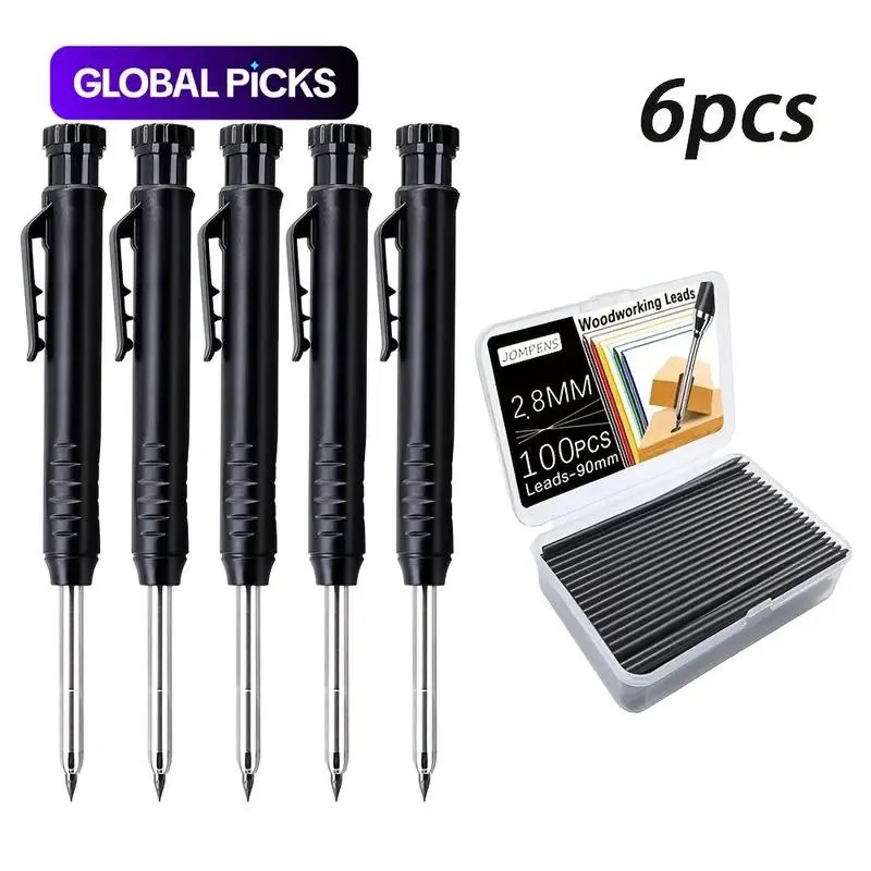 Professional Woodworking Marking Pencil Set, 5 Pencils, 100 Leads Per Box, Deep Hole Marking Tool for Woodworkers and Architects, Manual Tools