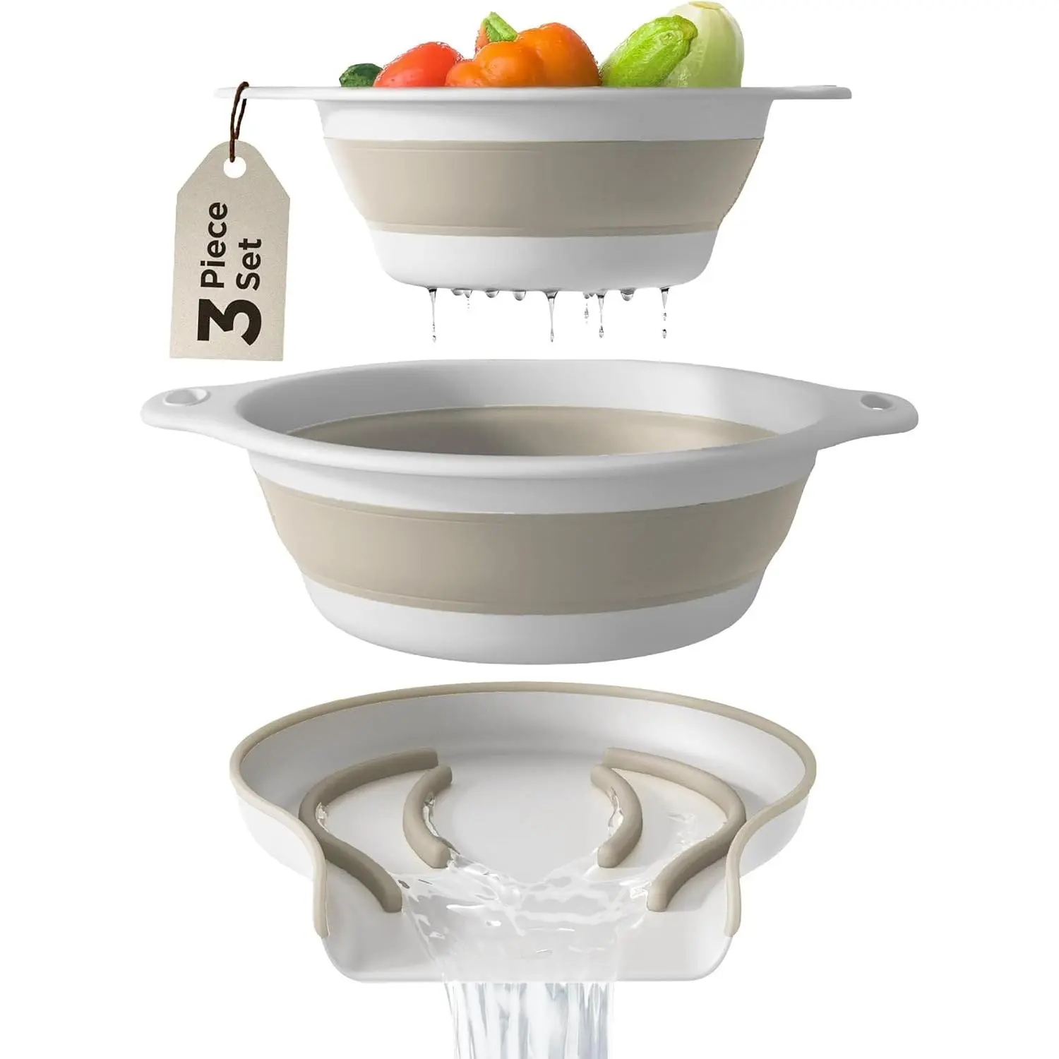 Foldable Colander Set, 3-Piece BPA-Free Strainers with Self-Draining Base Tray (10.4 x 9 inch), Space-Saving Universal Design, Dishwasher Safe