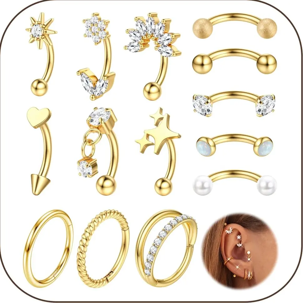 FASACCO Rook Piercing Jewelry Surgical Steel Vertical Labret Lip Jewelry Gold Eyebrow Piercing Rook Daith Earrings for Women Cartilage Curved Barbell Daith Surface Tragus Piercing Jewelry 14 Pcs