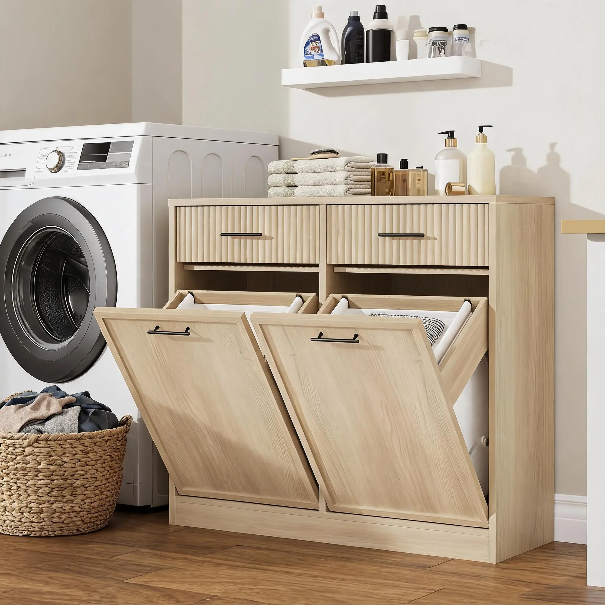 Modern Laundry Hamper Cabinet -  2 Drawers Tilt-Out Design - 2x10 Gal Hidden Trash Bin Storage - Removable Laundry Basket - Space-Saving Organizer  for Bathroom, Laundry Room, Kitchen - Natural Wood Color