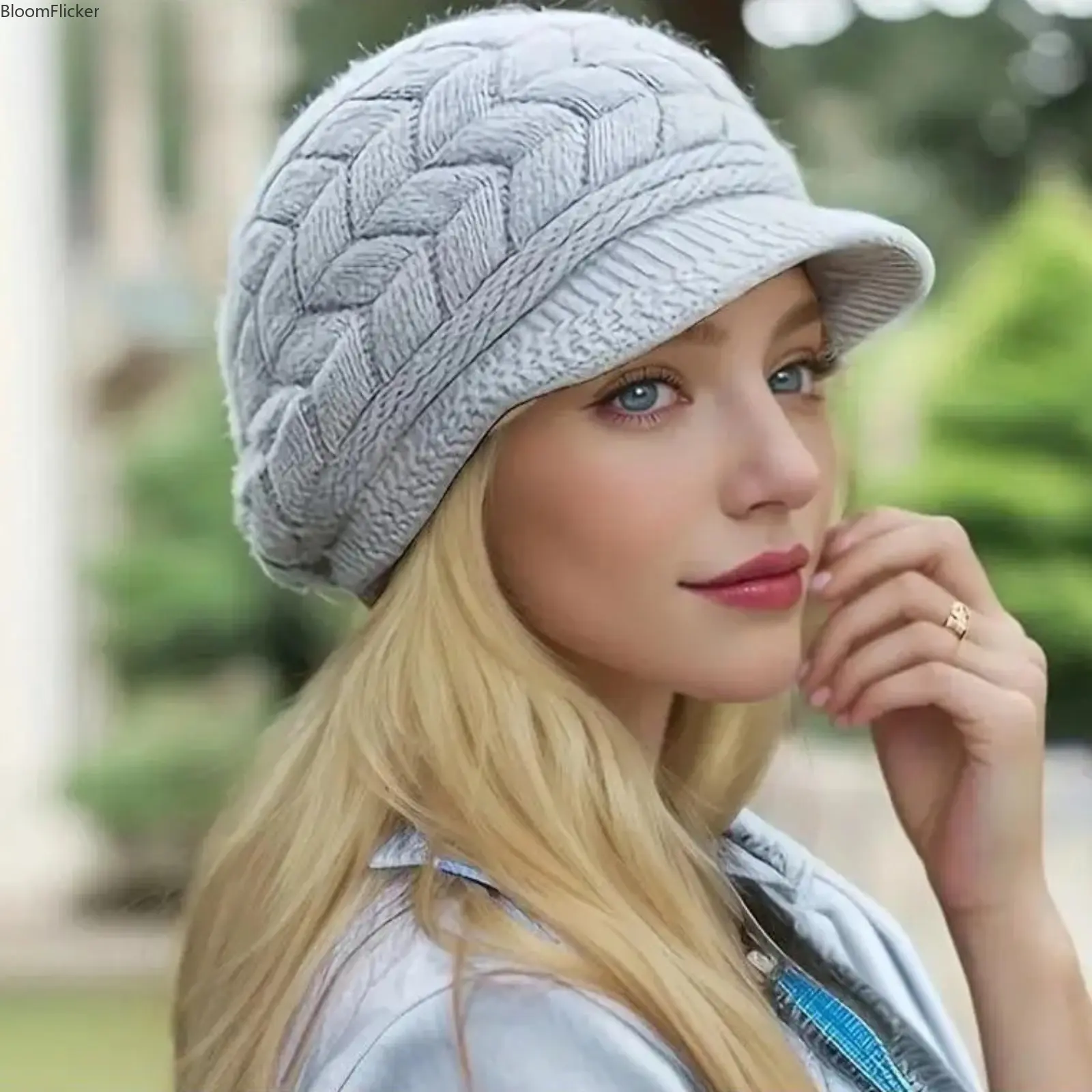 Women Chunky Cable Knit Slouchy Bonnet Beanie Hat, Thick Warm Winter Cap with Ear Flaps & Fringe Trim, Soft Stretch Machine Washable Cold Weather Headwear, No-Sew Comfort Fit Accessory Friendly for Blonde Hair