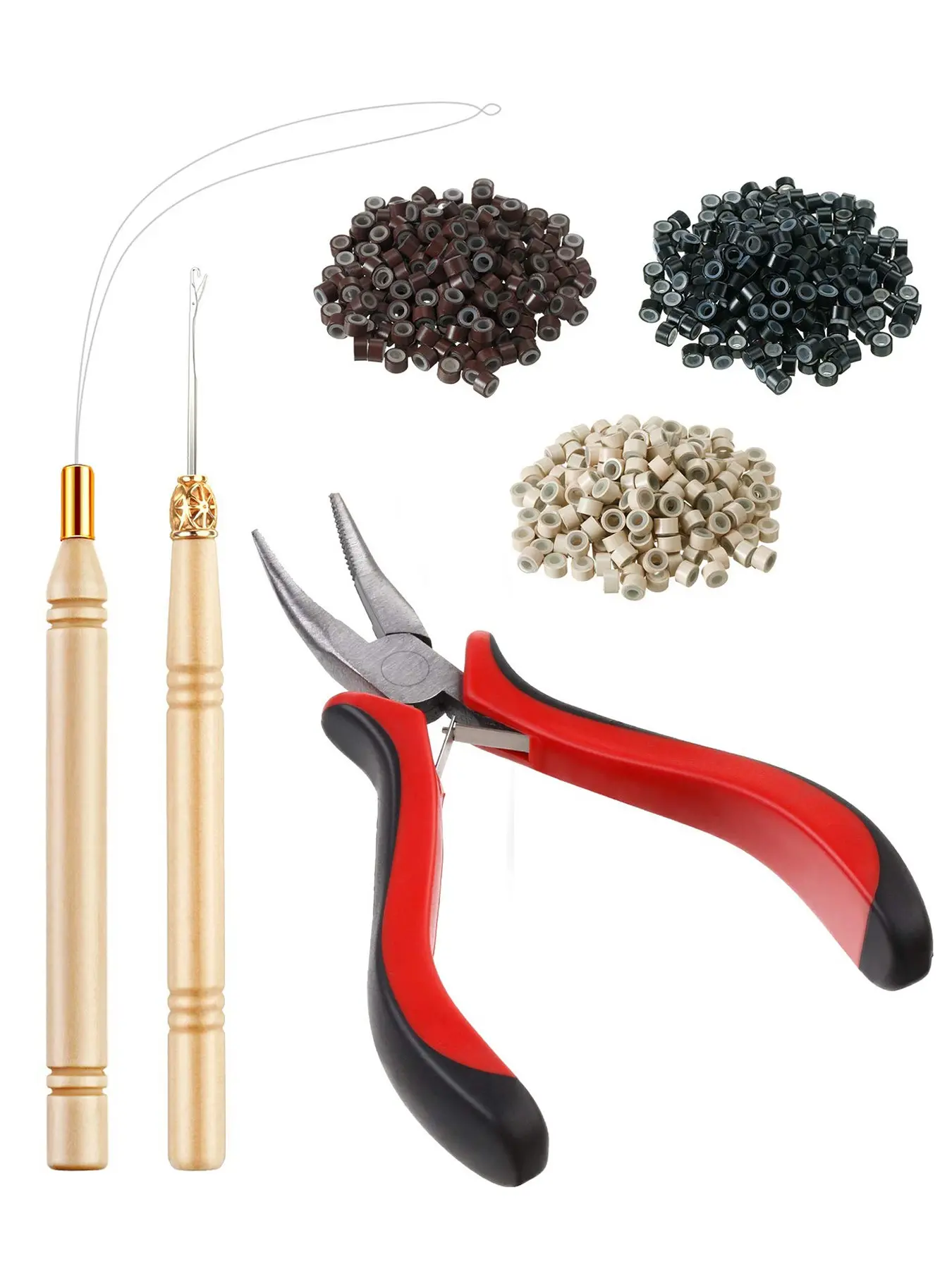 Hair extension tool set, Wig accessories, with 600 silicone-lined micro-hair extension beads, 1 hair extension plier, 1 bead threading needle, 1 wire-drawing crochet hook, suitable for wig hair extensions, feather hair extensions, etc.