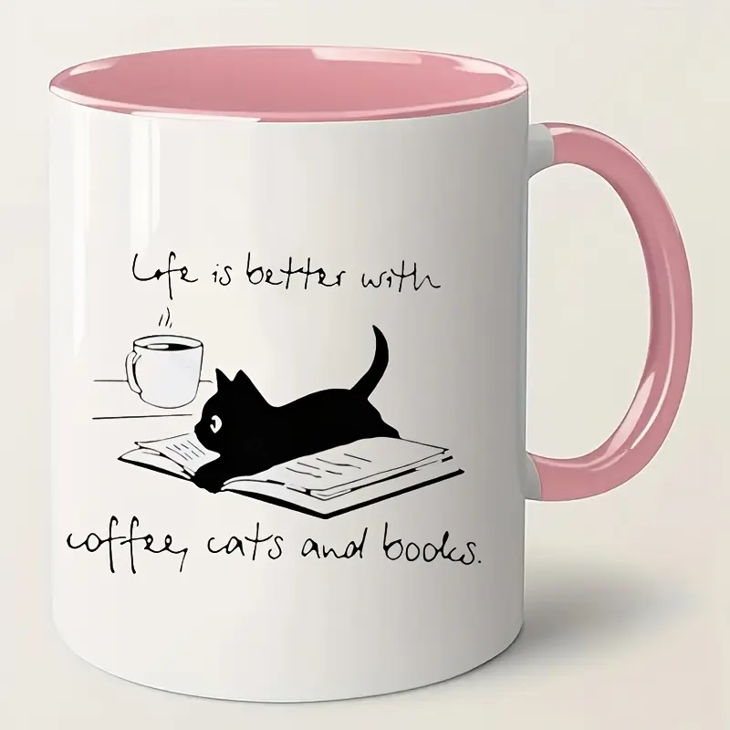 Coffee Cats and Books Make Life Better Ceramic Cup-Insulated and Multi-Purpose Reusable Round Cup with, Suitable for Christmas, Father's Day-Hand Wash Only Letter Printing Design