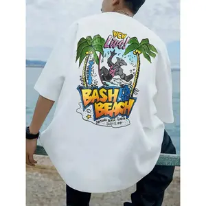180g1pc Men's 90s Retro T-Shirt Bash at the Beach Shark Graphic Print Dropped Shoulder Boxy Fit Trendy Casual Streetwear Tee Top For Summer Vacation
