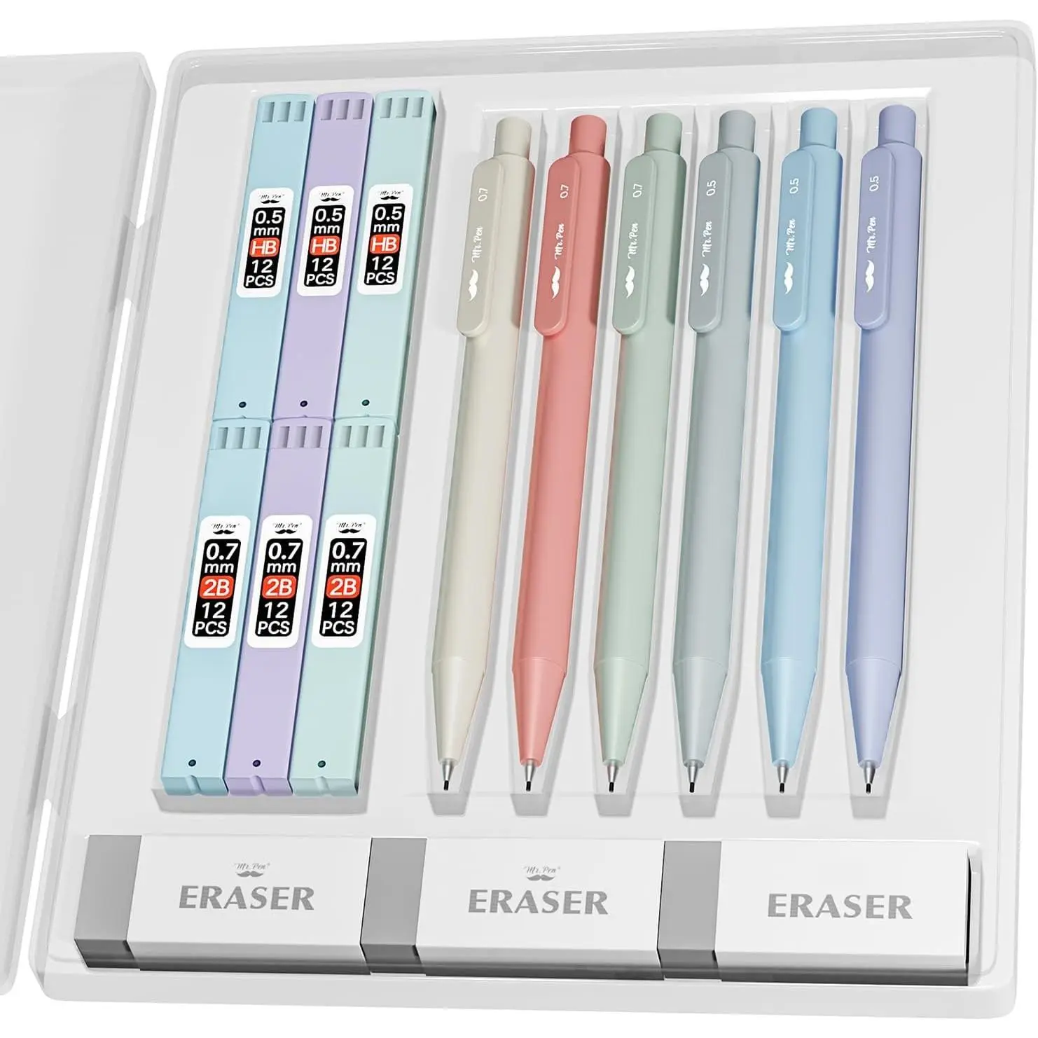 - Pastel Mechanical cil Set with Lead Refills & Erasers, 6 Pack | 2 Sizes, 0.5 & 0.7mm, 6x Tubes HB & 2B Lead Refill, 3x Erasers for School Supplies, Note Taking, Drawing, Sketching, Office
