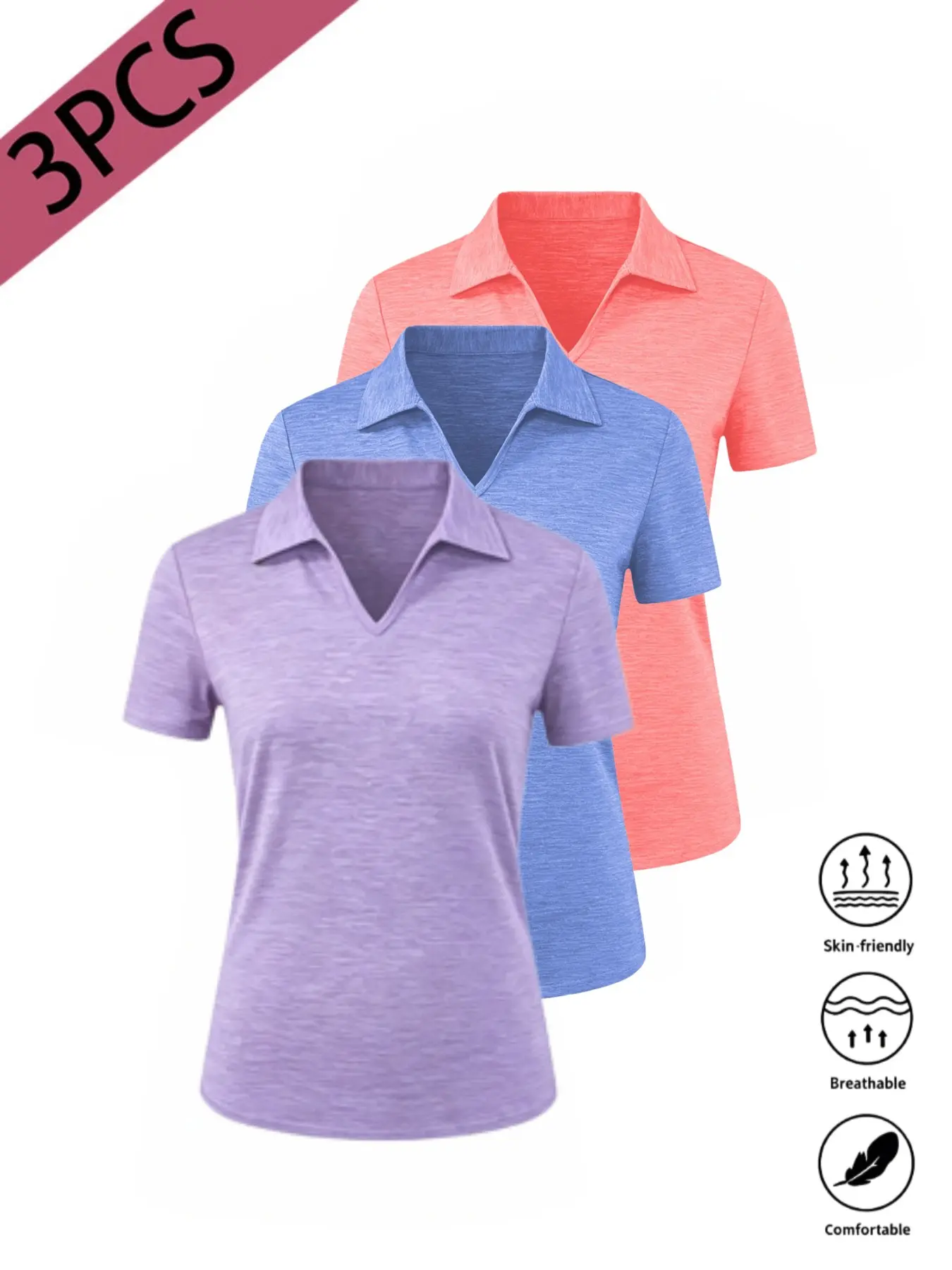 3-Pack Women's Spring Summer Casual Sport Polo Shirts, Soft Stretch Breathable V Neck Top, Ideal for Tennis Fitness Running Hiking, Breathable Workout Tops