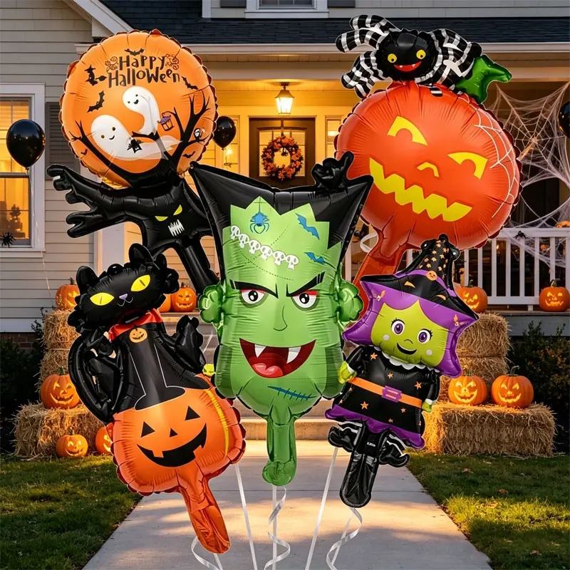 7/12 Pieces Halloween Aluminum Foil Balloons Set, Balloon Decorations Kit, Contains trumpet, Witch, monster head, pumpkin cat, Ideal for Halloween event decorations, trick-or-treating, Halloween Classroom Decoration