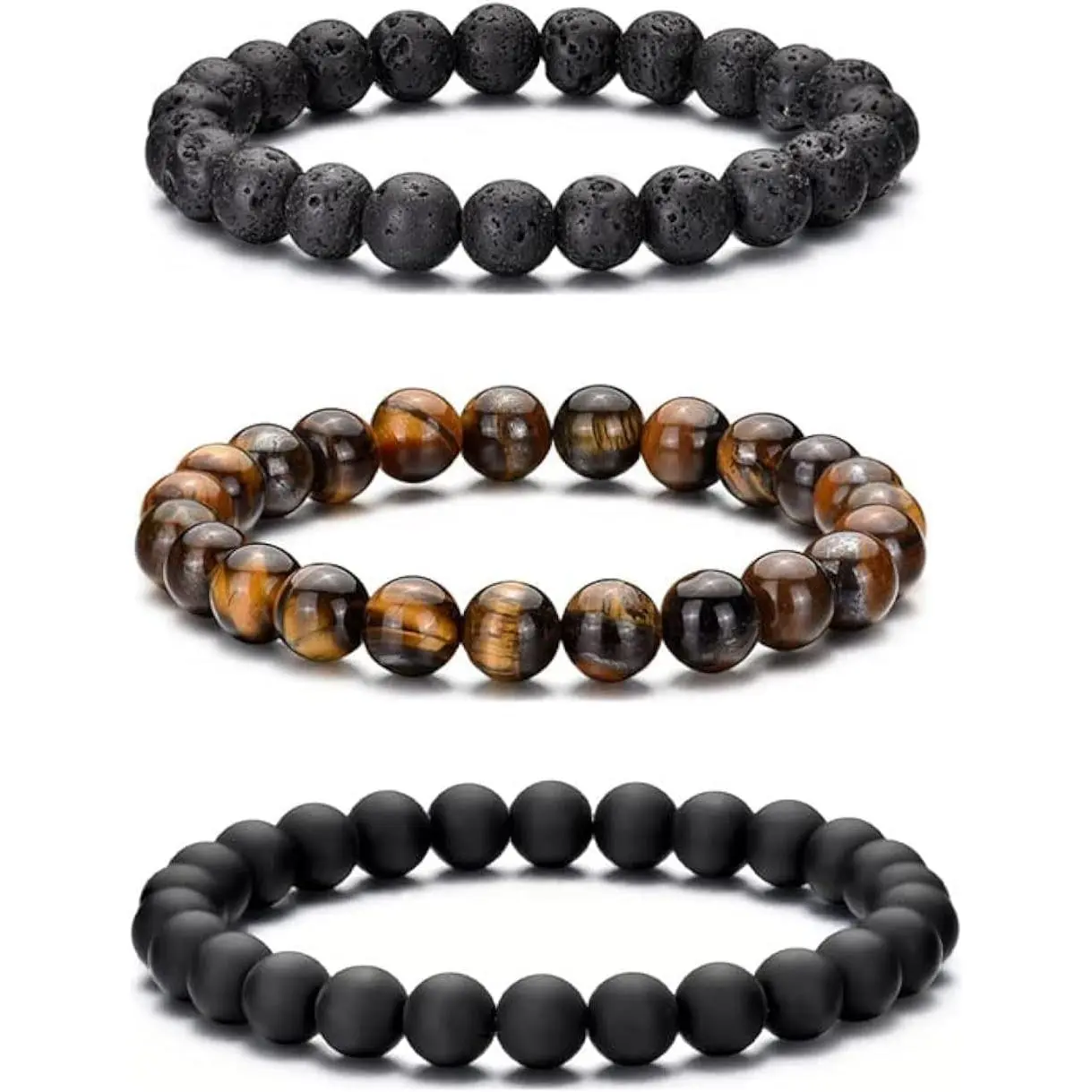 Unisex 8MM Natural Tiger Eye Stretch Adjustable Bracelet, Black Crystal Beaded Fashion Accessory for Gifting