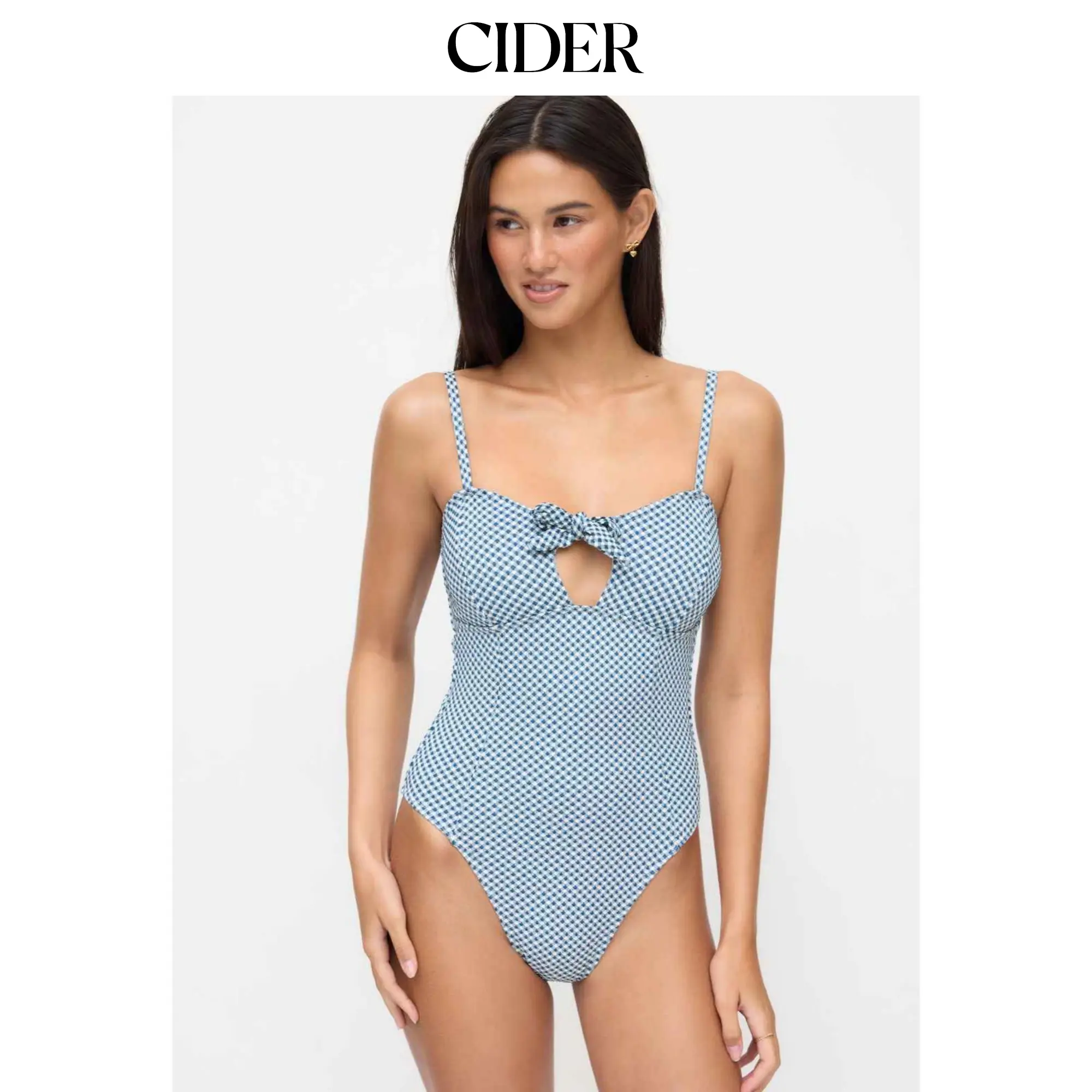 Cider Sweetheart Neckline Gingham Graphic Bowknot One Piece Swimsuit