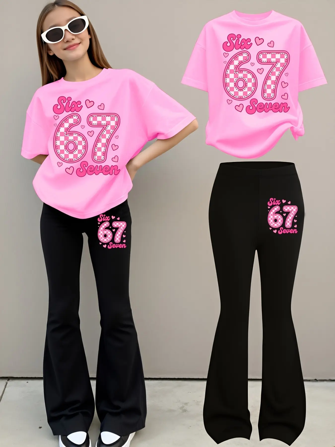 Sweet Cool Girls' Set, Loose Short Sleeve Top, Flare Pants, Plaid Heart Print, Casual Two-Piece for Daily Wear