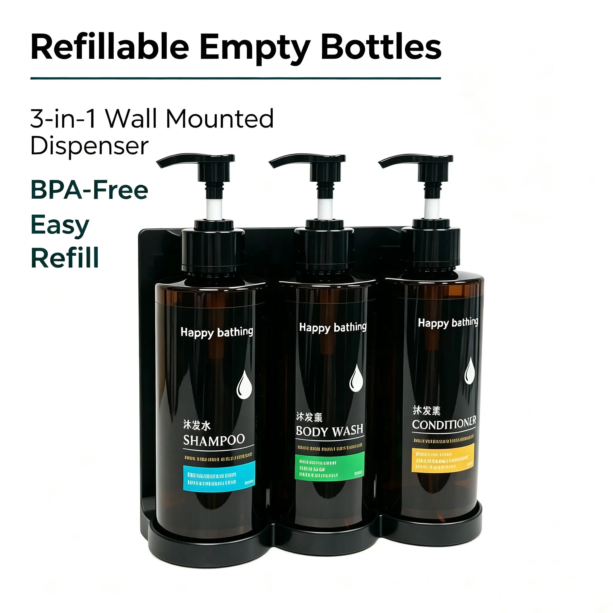 Hotel Shampoo Shower Gel Dispenser, Bathroom No-Drill Hand Soap Pump Bottle, Wall-Mounted Liquid Soap Dispenser, 300ML Capacity