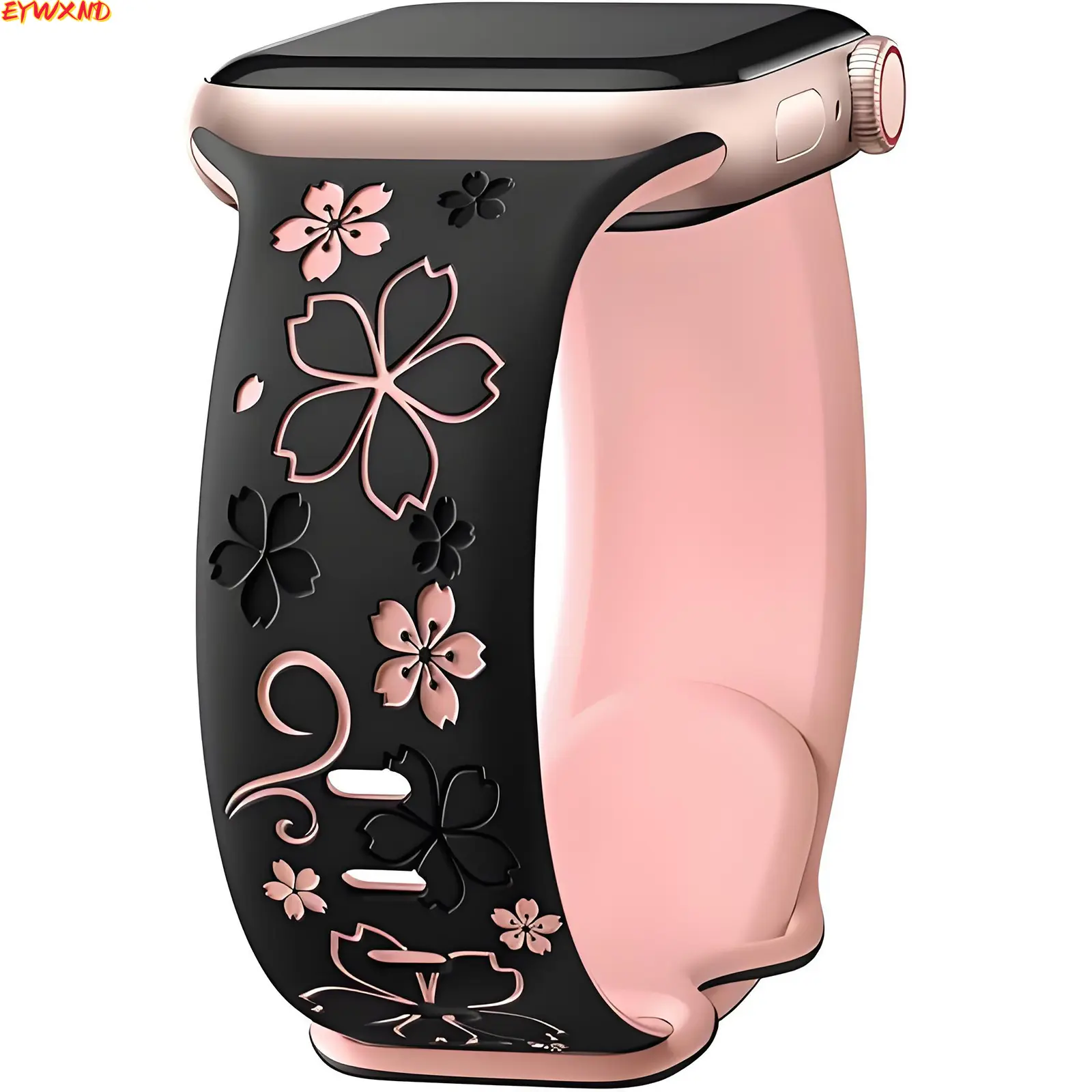 Black Pink Cherry Blossom Engraved Silicone Watch Band, Two-Tone Sakura Floral Embossed Replacement Strap, Soft Waterproof Rubber Wristband Compatible with Apple Watch for Women Japanese Aesthetic
