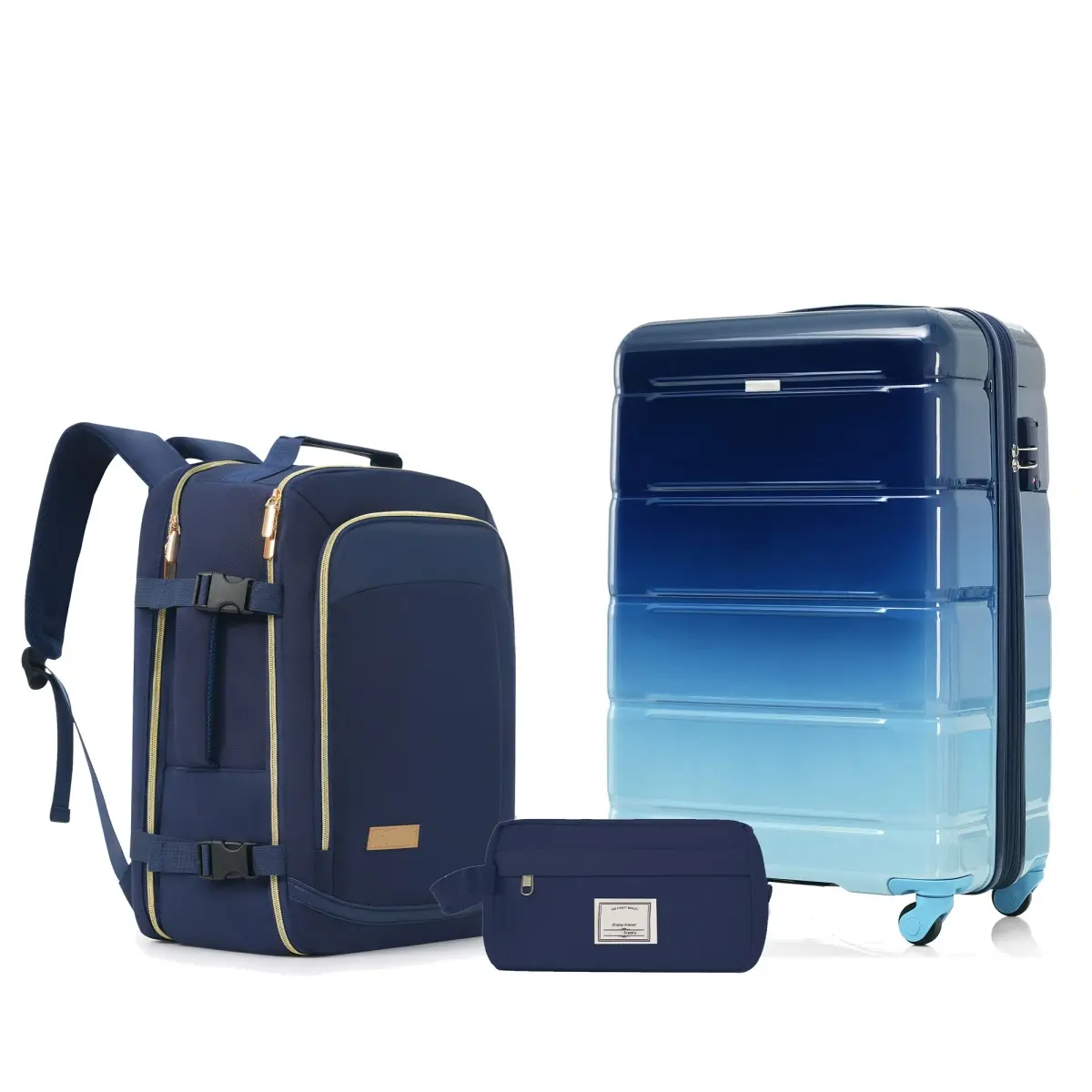 3-Piece Luggage Set, 20in Checked Suitcase with TSA Lock Travel Duffel Bag Wet-Dry Toiletry Bag,Hardside Luggage Sets,Lightweight Stripes Suitcase with Spinner Wheels, Navy