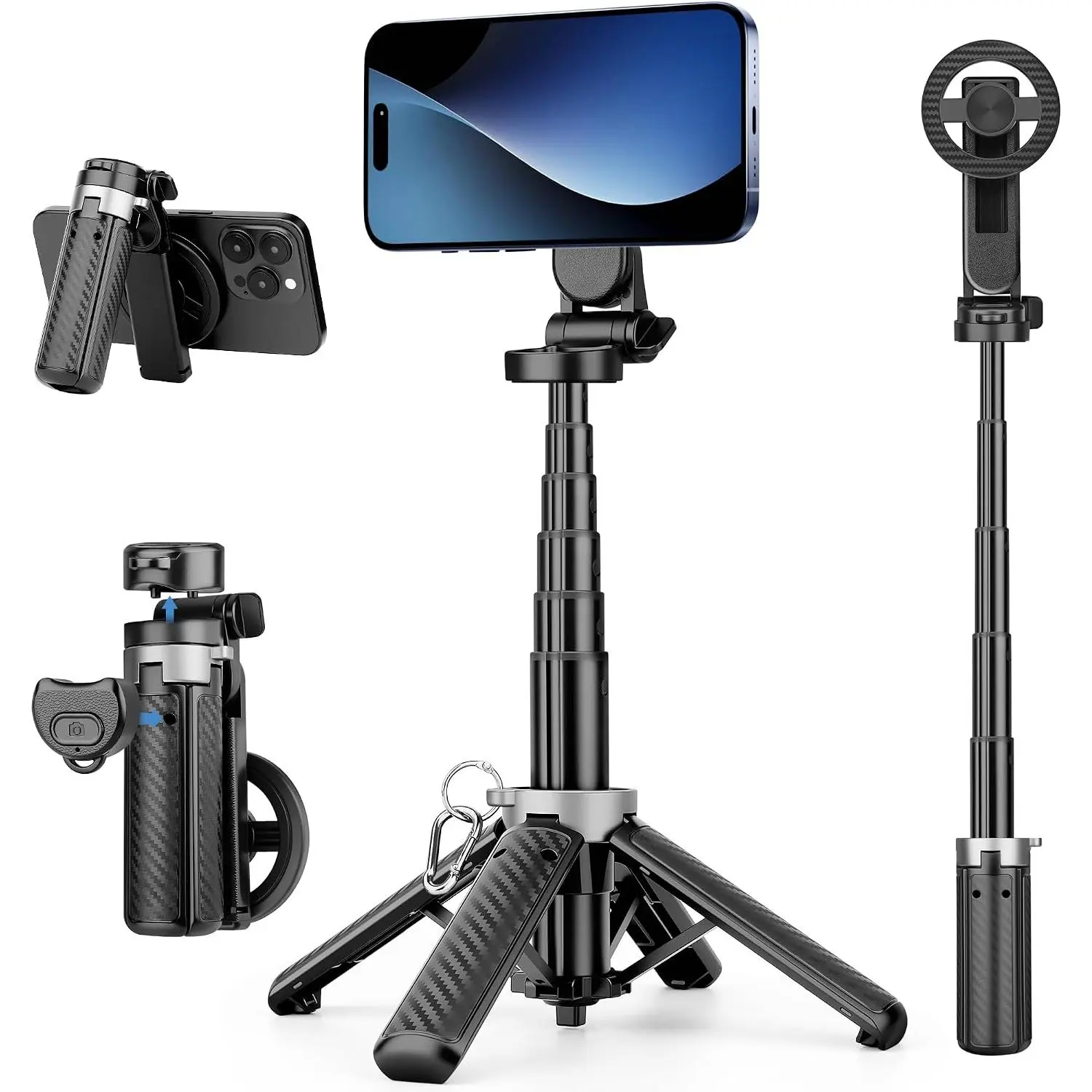 4-in-1 Multifunctional  Phone Tripod, Portable Selfie Stick for  & Android with Detachable Remote and Metal Ring,  Tripod Extendable Length 4.33" - 16"