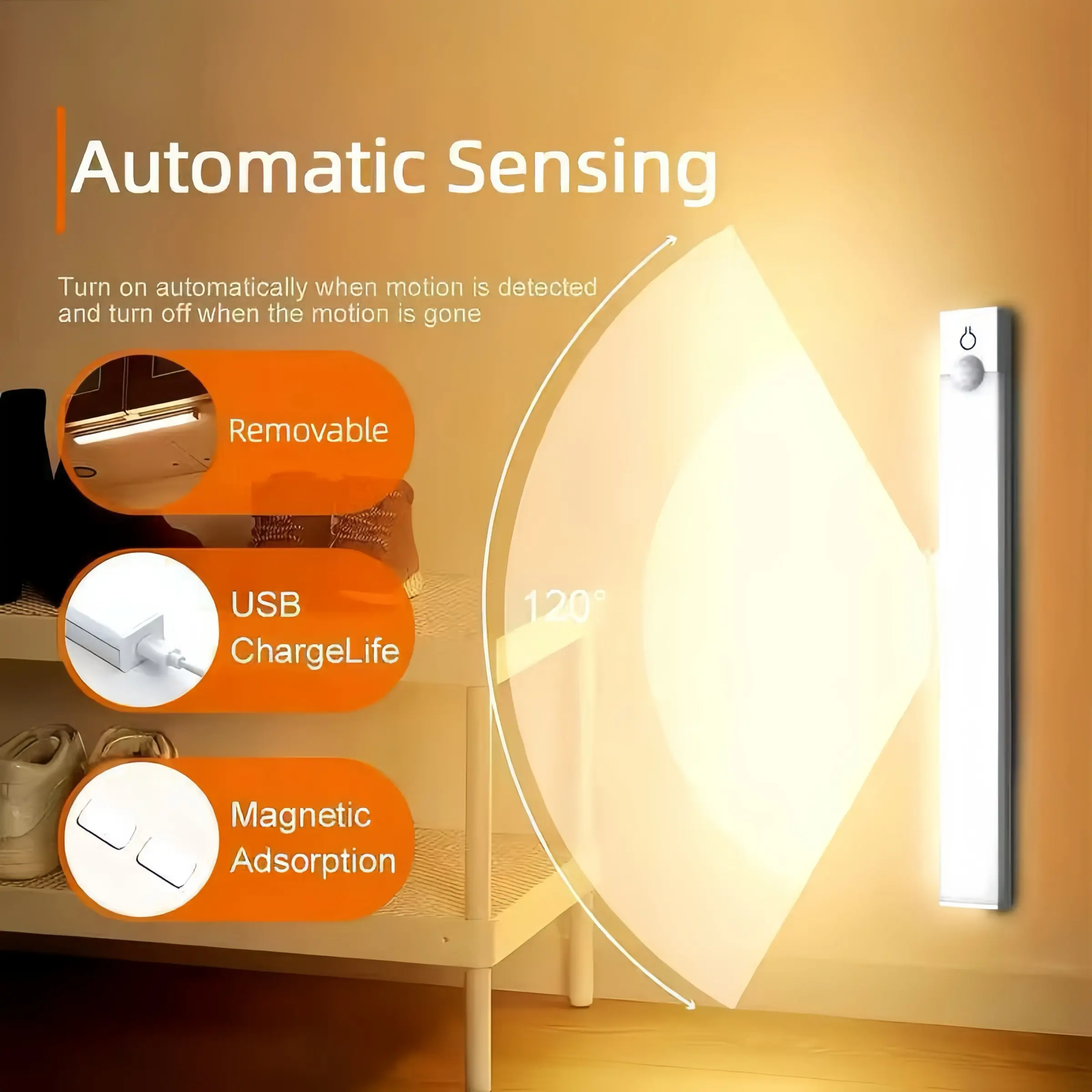 USB Rechargeable Wireless Cabinet Light, LED Magnetic Sensor Lamp, Shelf Light for Closet, Room, Kitchen Table, Automatic Closet Light