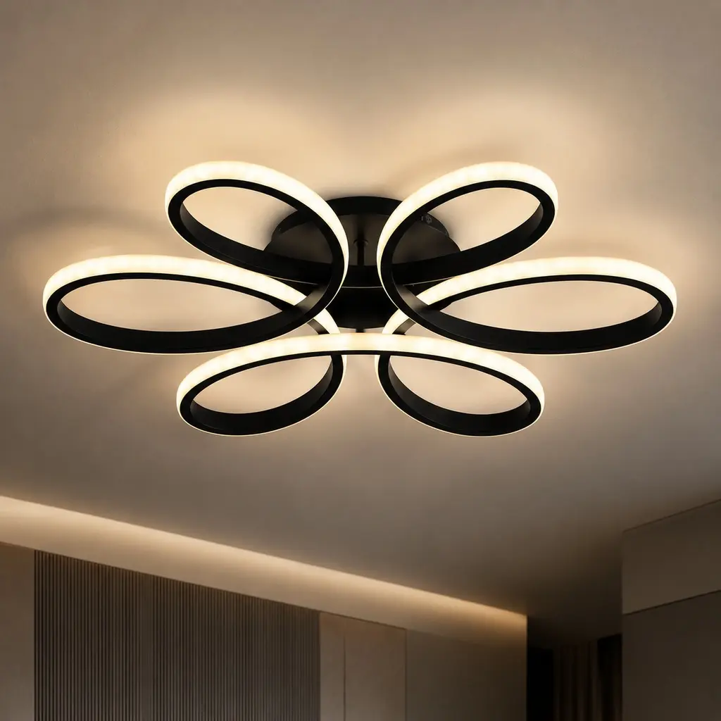 23-Inch Modern LED Flush Mount Ceiling Light Fixture - 6-Ring Flower Design, Dimmable with Remote, 42W, Black Metal, Minimalist Lighting for Living Room, Kitchen, Bedroom