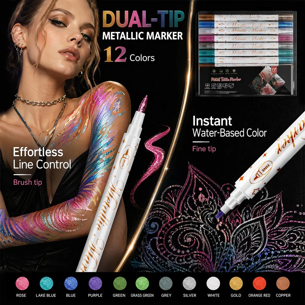 12 Color Double Head Metallic Glitter Marker Set, Soft Brush & Fine Point Coloring Pen, Aesthetic Ins Art Supplies for Card Making Handcraft Journal Decorations