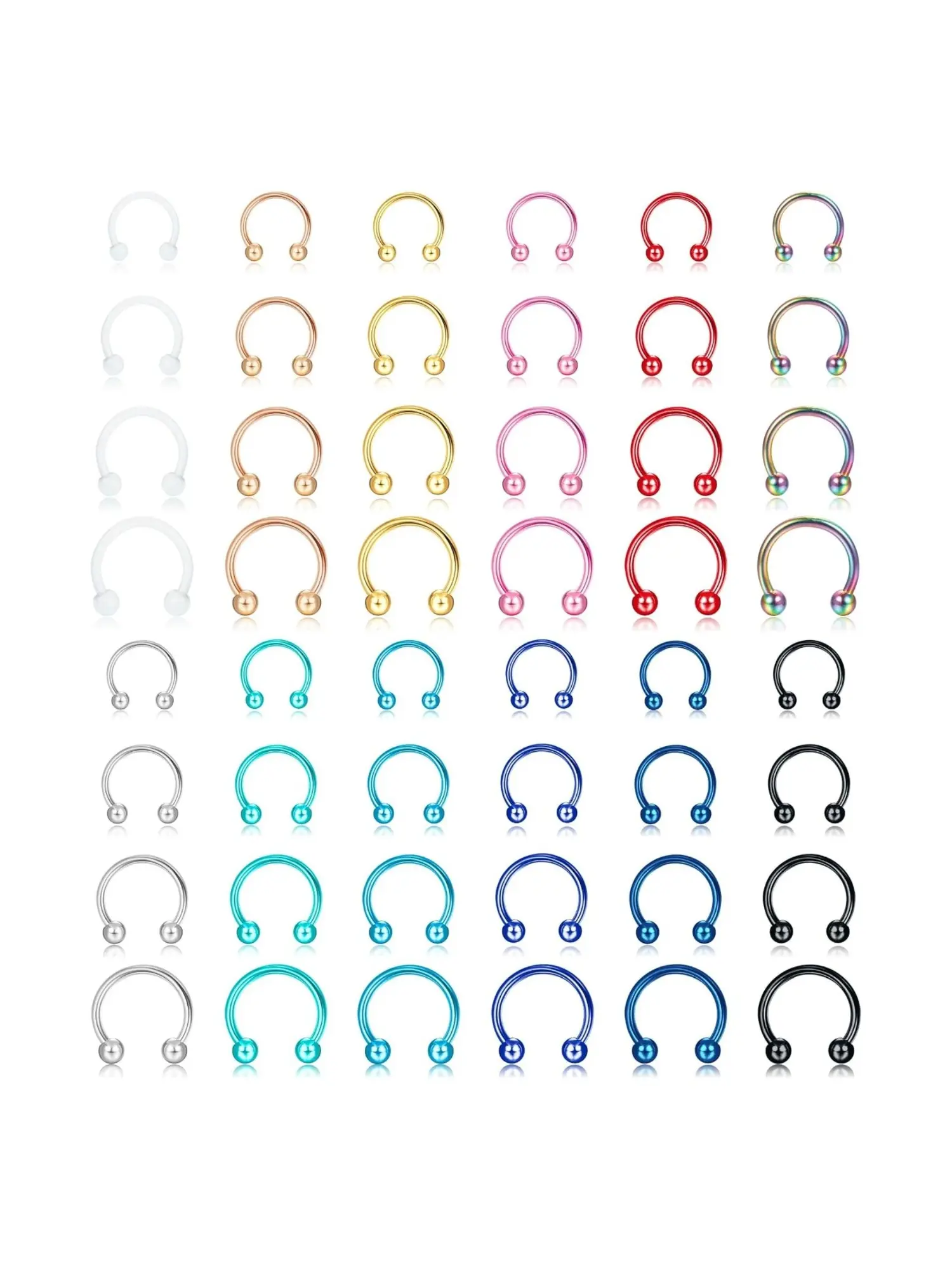 Trendy 48 Pcs Stainless Steel Horseshoe Septum Ring Kit Colorful Assorted C‑shaped Circular Barbell Piercing Hoops for Unisex Multi‑purpose Body Jewelry for Nose Septum Lip Helix Ear Cartilage Piercings Eye‑catching Vibrant Decor for Daily Festivals