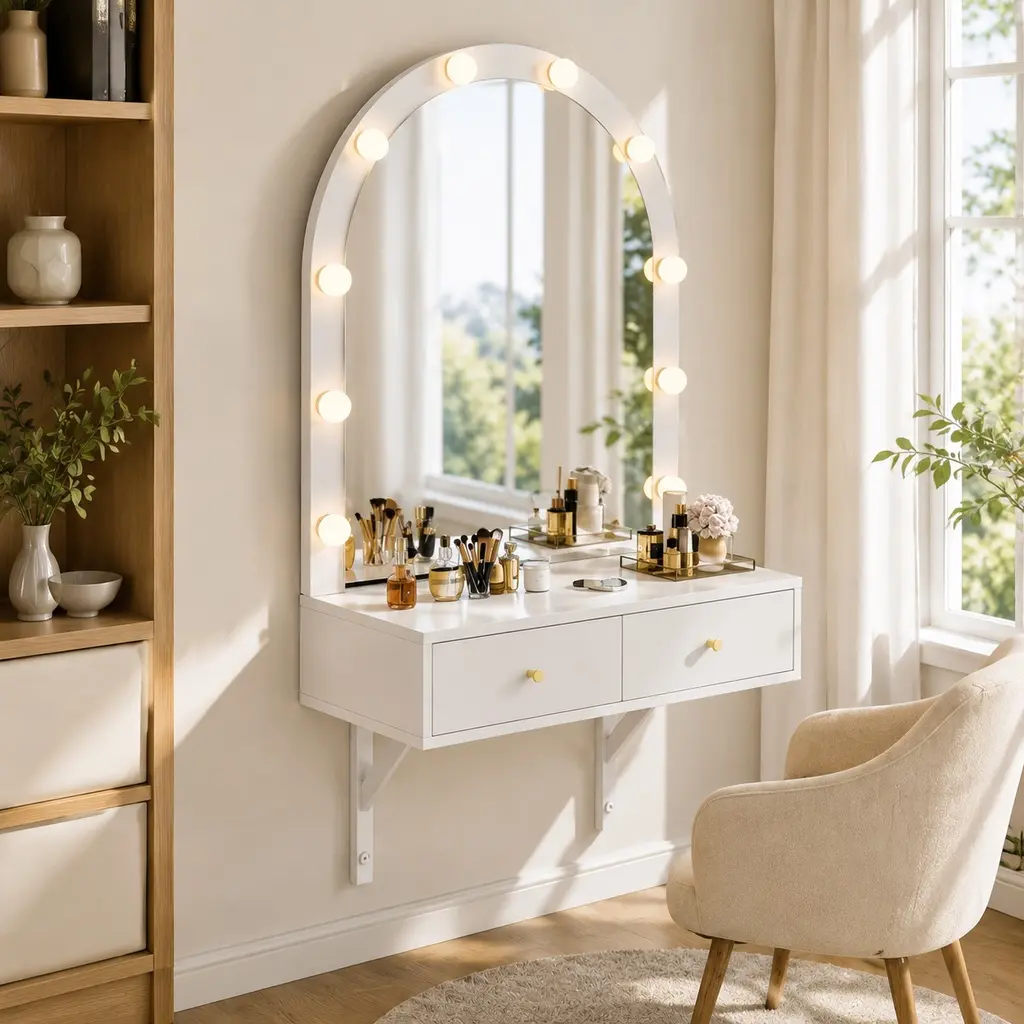 Modern Makeup Table - Wall-Mount Floating Vanity Desk with Built-In Mirror Light, 3-Color Lighting, Integrated Power Outlet, Large Storage, Compact White Space-Saving Indoor Furniture (Assembly Required) for Bedroom, Bathroom (Vanity Organization)