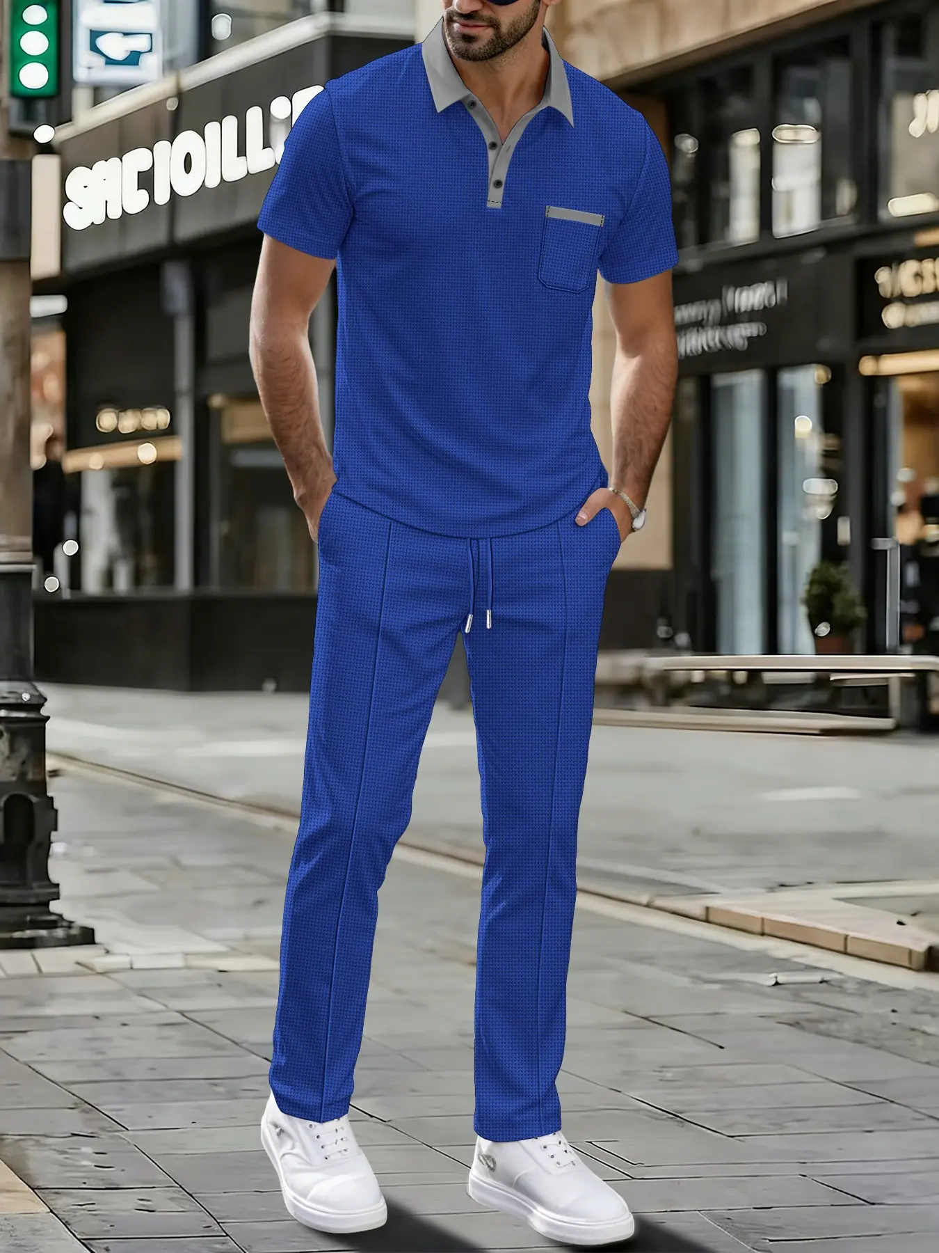 Men's Casual Two-Piece Set, High-Waisted Pants & Blazer Suit, Spring Summer Fall, Elastic Drawstring Waist, All-Season Wear