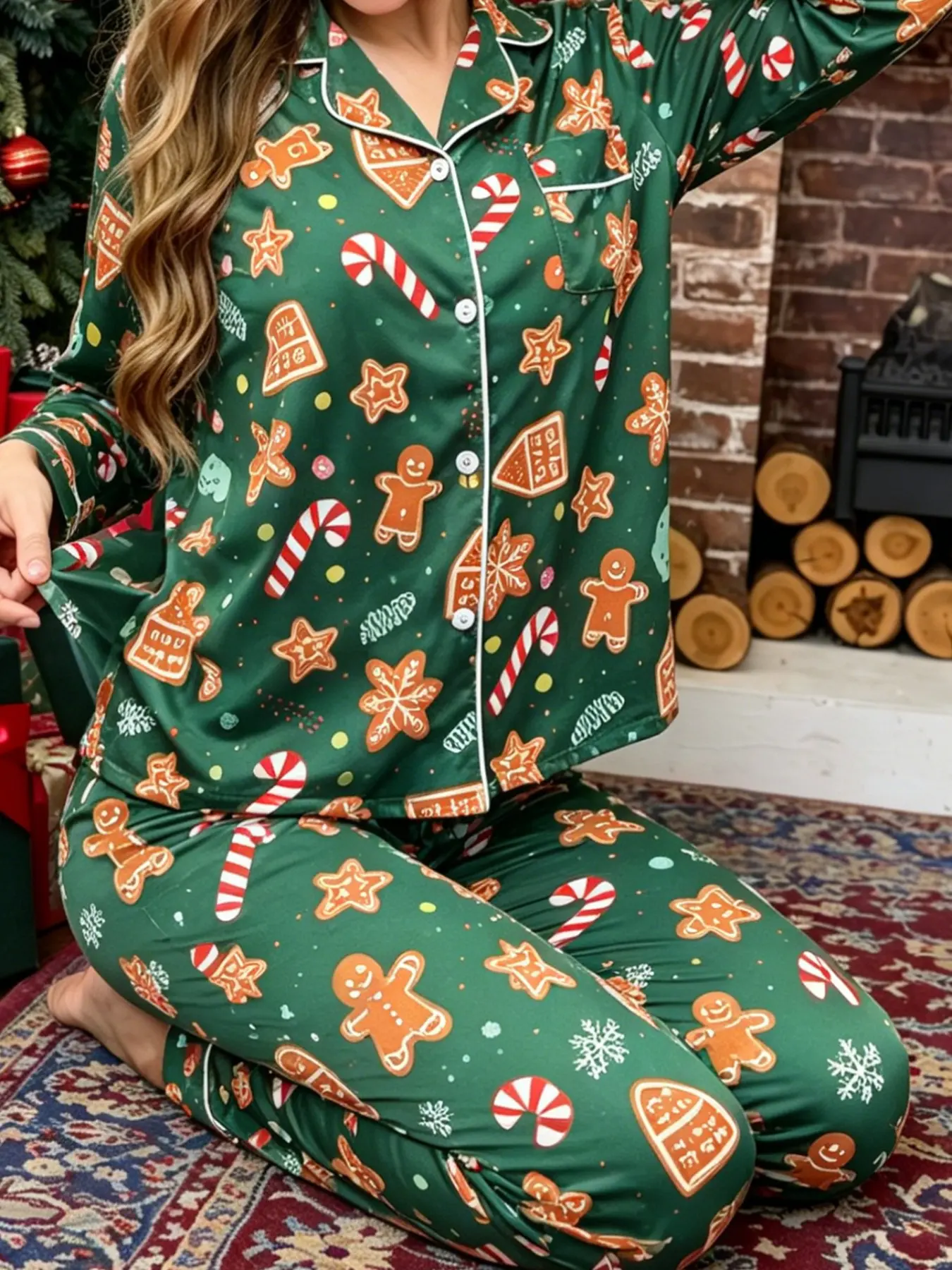 New Fall Winter Christmas Pajama Set, Lounge PJ Set, Long Sleeve Fitted Sleepwear, Festive Gingerbread Man Print, Casual Home for Women