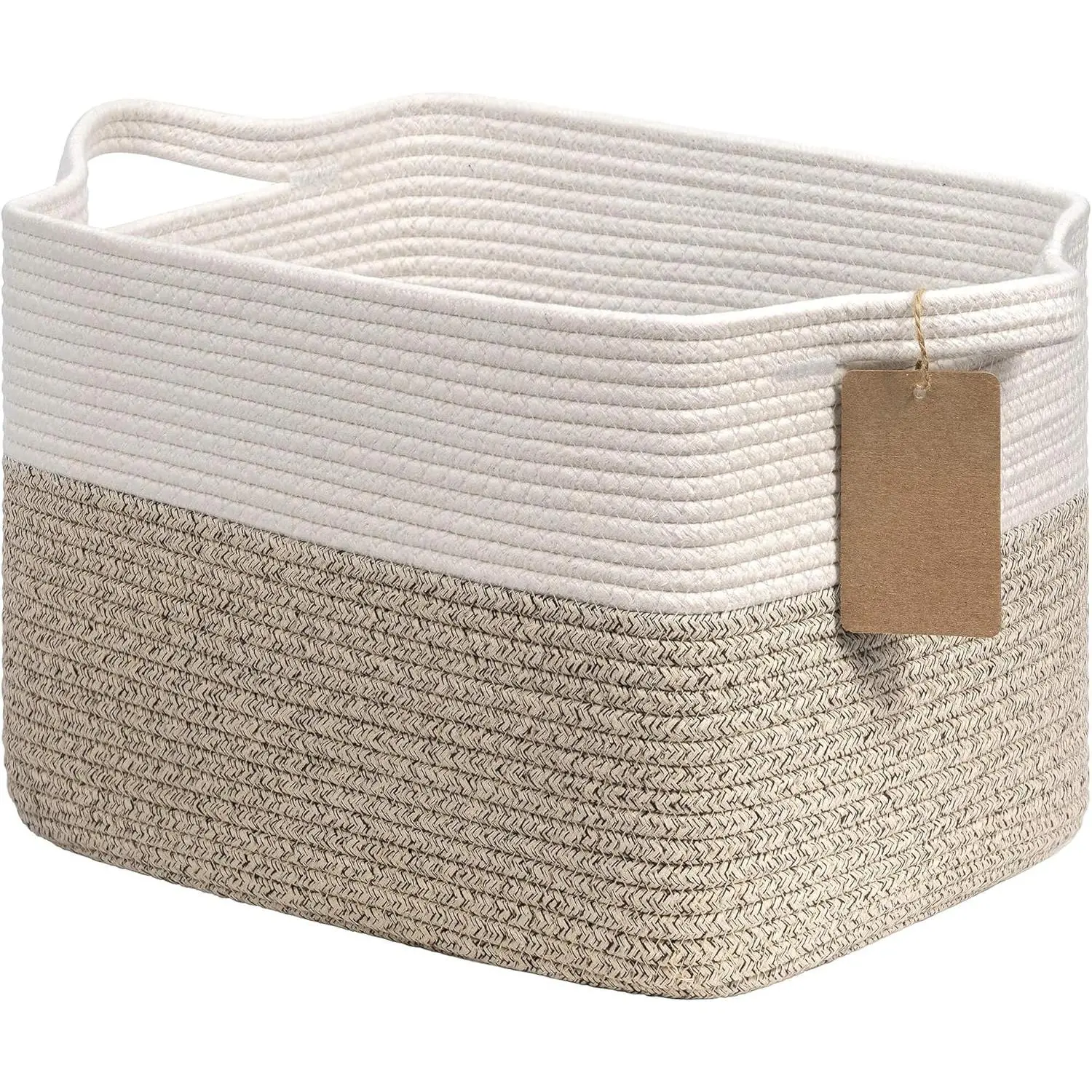 Woven Storage Basket, Cotton Rope Basket Dog Toys, Books, Stylish Gift Basket with Handles, 13 x 10 x 9 Inches Square Baskets Organizing, Brown and White