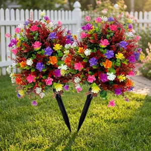 2 Bundles Artificial Violet & Eucalyptus Flower Stakes, Artificial Flowers, UV Resistant Waterproof, No Maintenance, Outdoor Decor for Garden, Porch, Yard, Patio, Lawn
