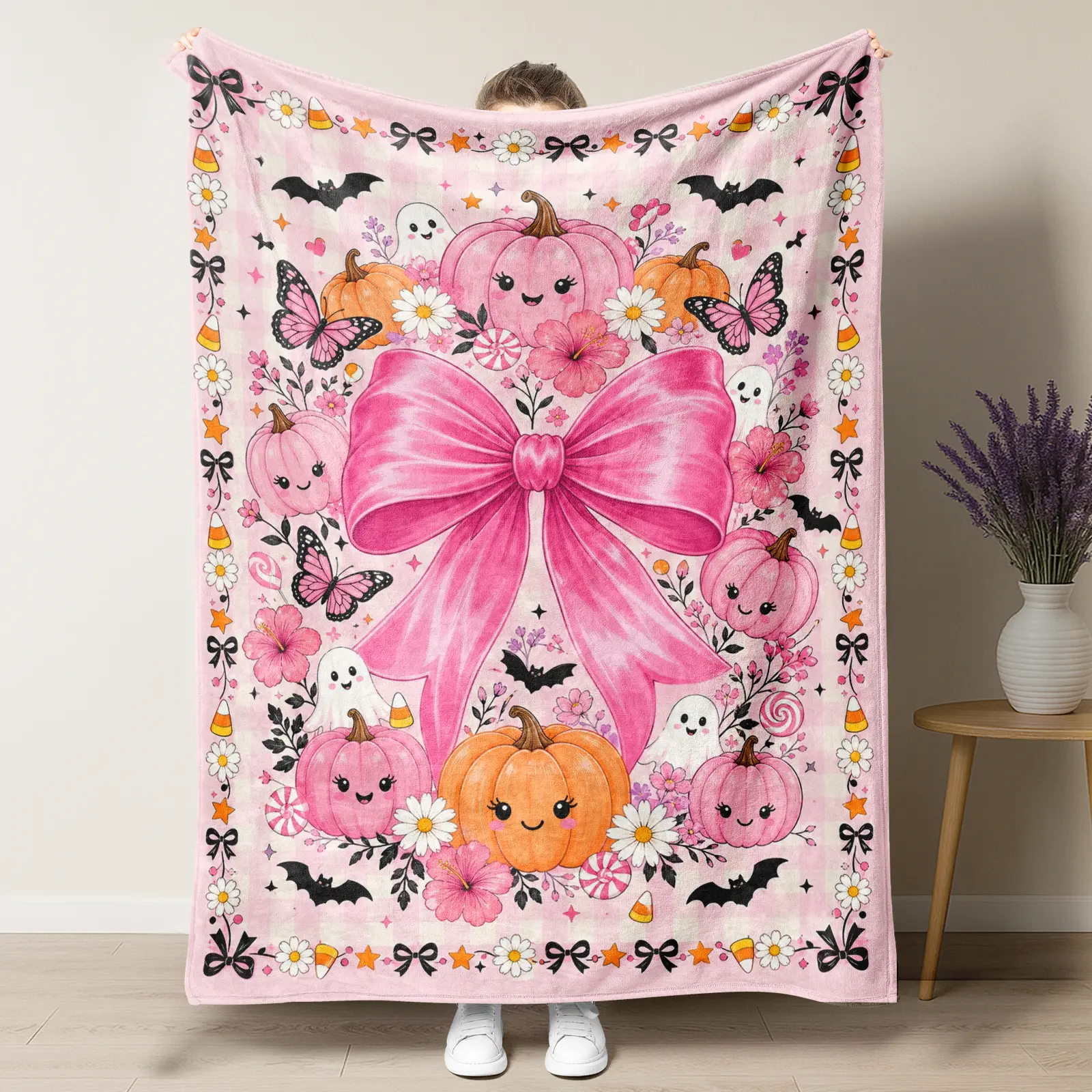 Coquette Pink Big Bow Polyester Halloween Print Throw Blanket - Soft Girl Spooky Multi-Size Room Decor for Living Room, Autumn Bedding, Halloween Gift For Her
