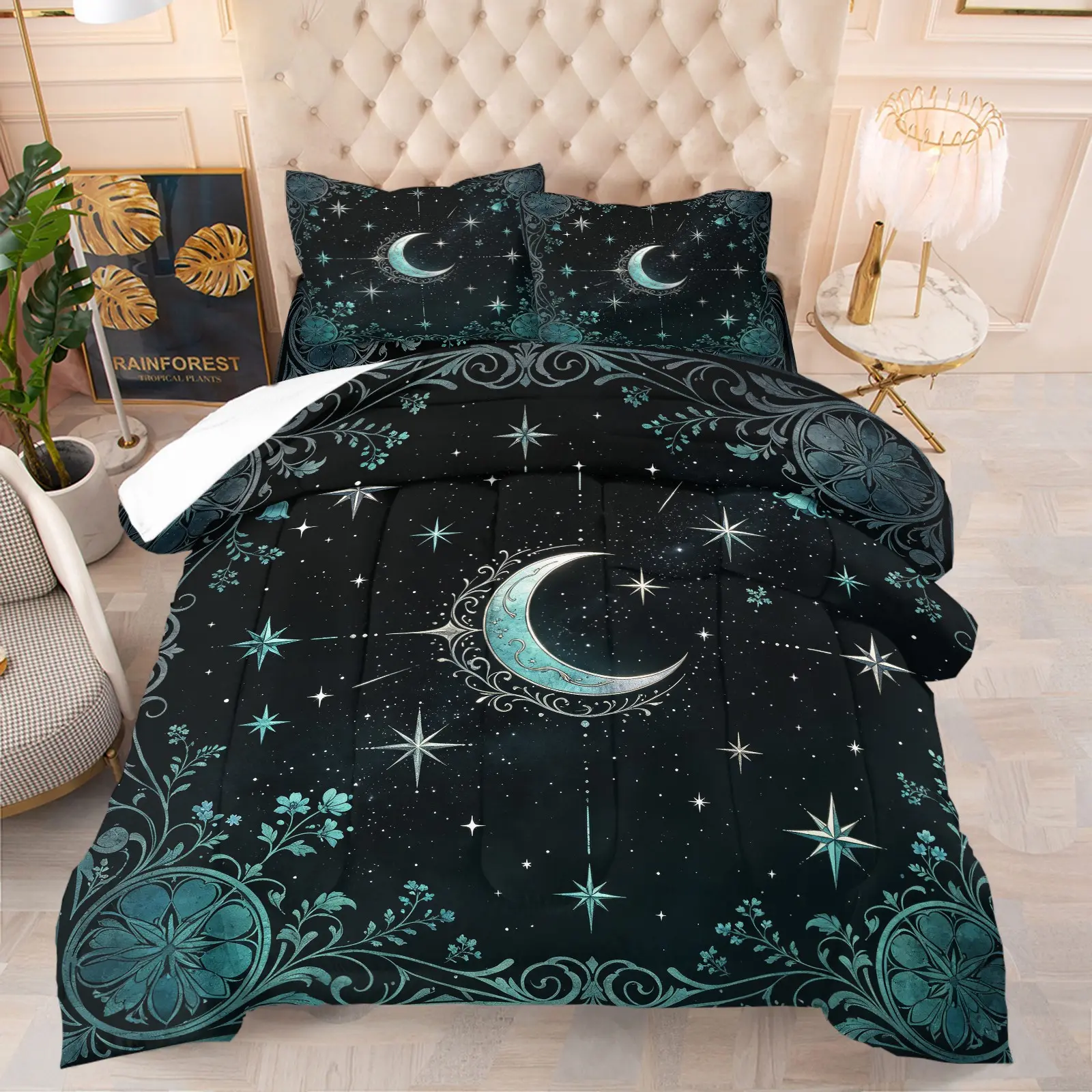 Mystical Teal Floral Crescent Moon & Star Comforter Set, Soft Breathable Comfy Cozy Gothic Night Sky Bedding, Floral Bedding Sets, 1 Quilt + 1/2 Pillowcases, Unique Witchy Gift Quilt for Bedroom, Dorm & Guest Room, Twin/Full/Queen Size