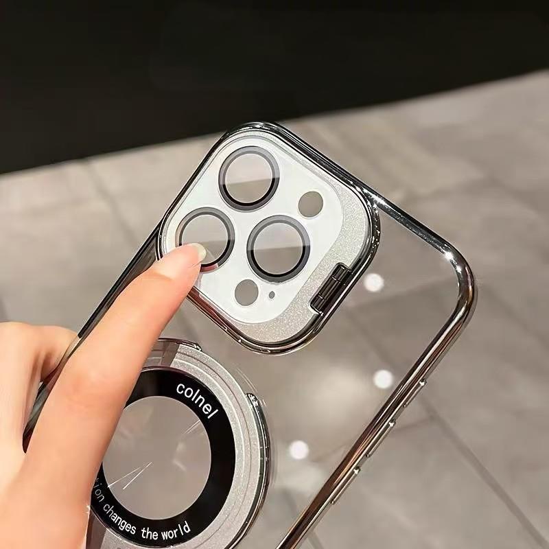 Magnetic bracket compatible with iPhone 16 Pro Max/15/14pro/13 phone case minimalist transparent electroplated lens bracket case HNZY100