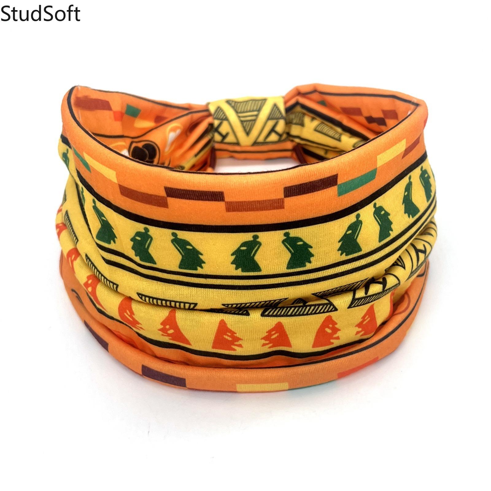 African Print Wide Headbands for Women, Elastic Knotted Hair Bands, Boho Workout Sweatbands for Yoga Sports, Fashion Hair Accessories, 4 Pack